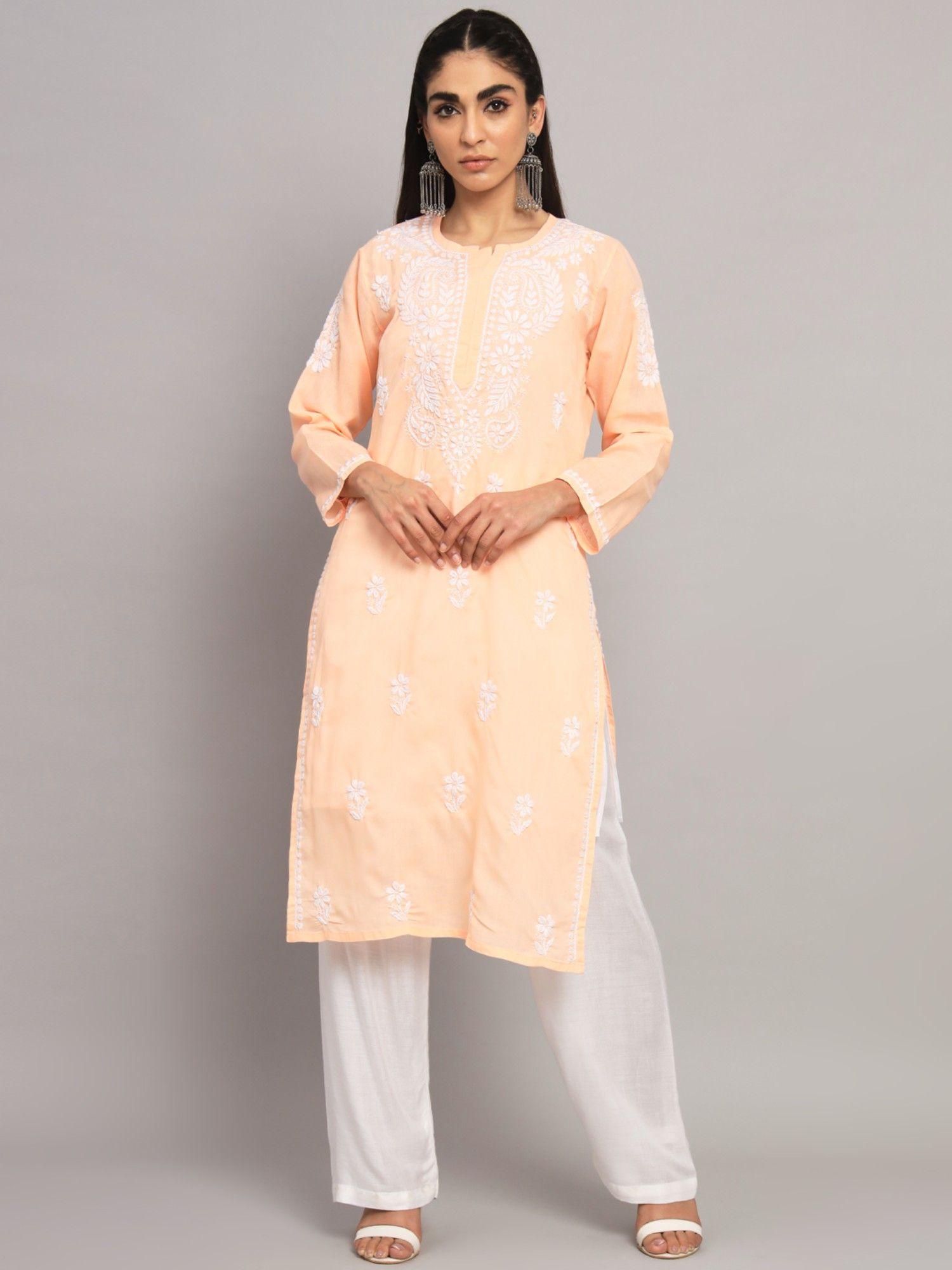 women's peach hand embroidered chikankari cotton straight kurta