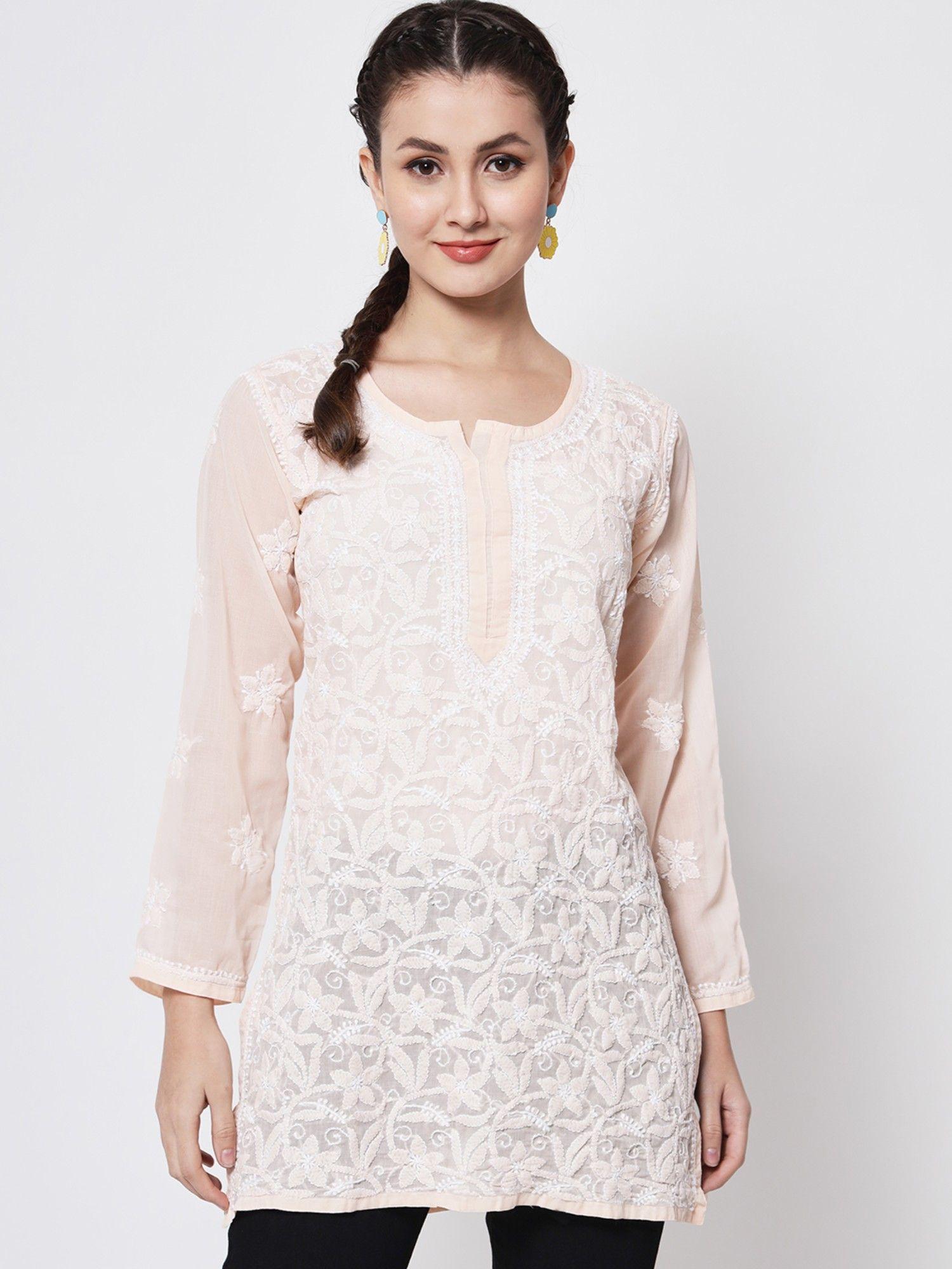 women's peach hand embroidered chikankari floral cotton tunic