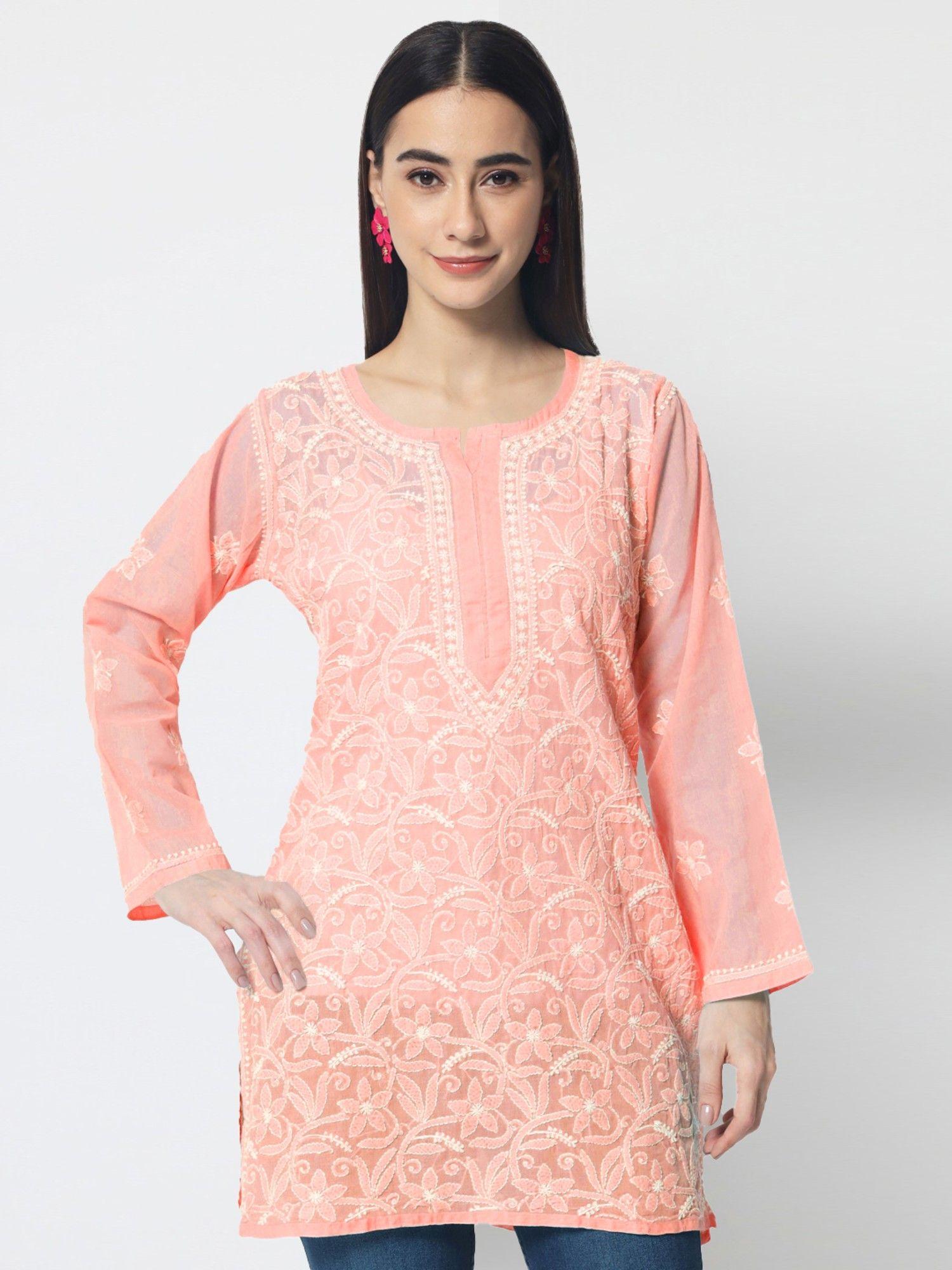 women's peach hand embroidered lucknowi chikankari cotton tunic