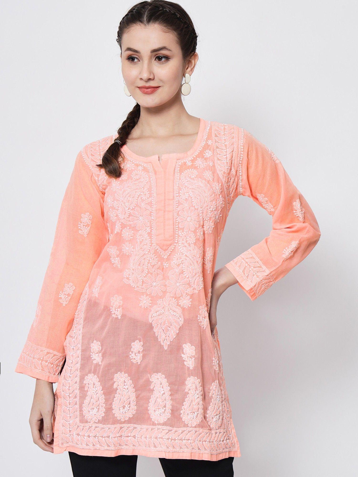 women's peach hand embroidered lucknowi chikankari cotton tunic