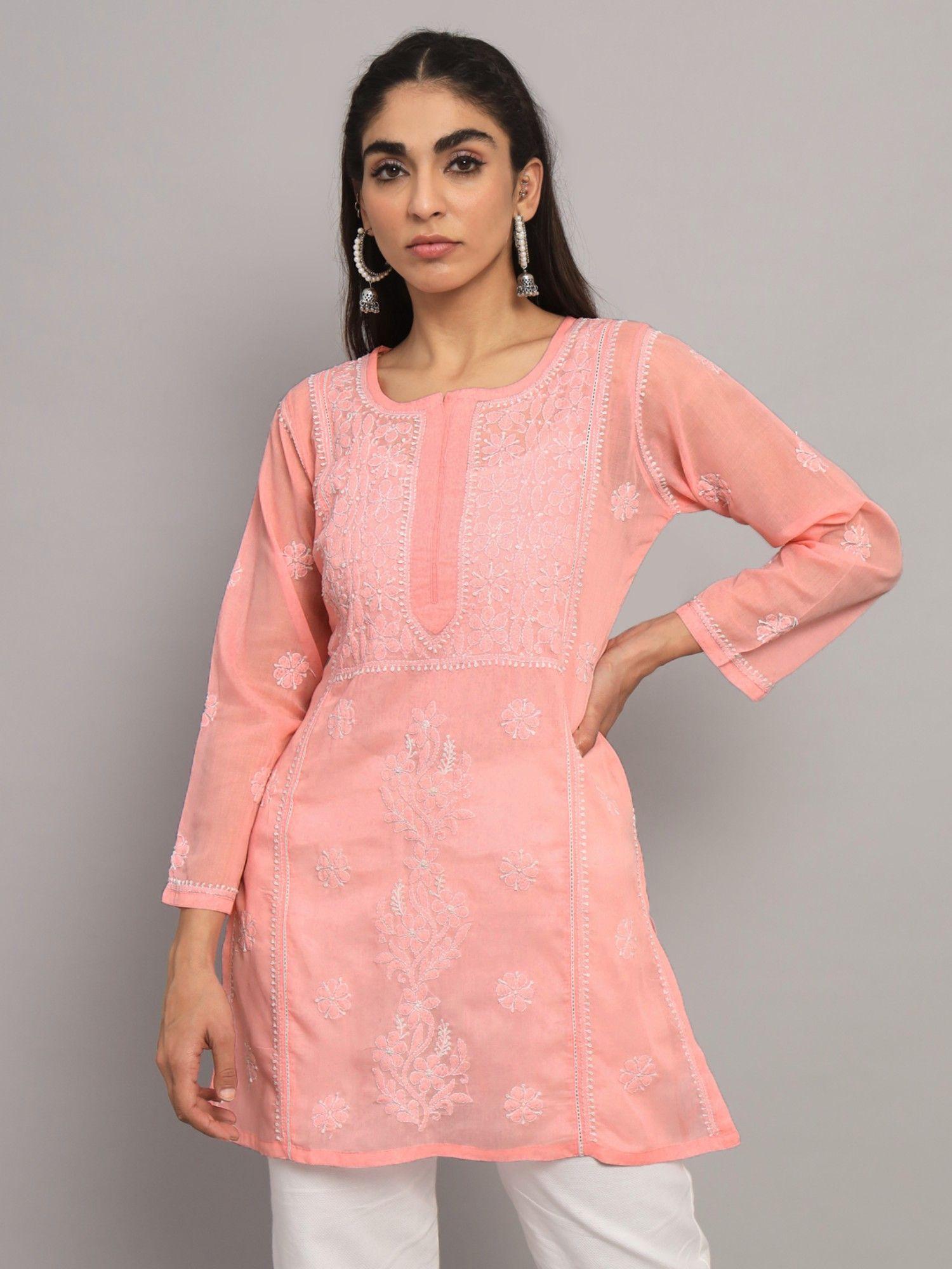 women's peach hand embroidered lucknowi chikankari cotton tunic