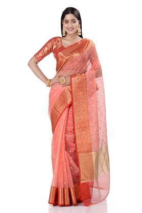 women's peach motif kora weave saree with blouse piece - peach