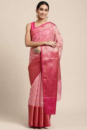 women's peach organza silk copper buti all over saree with blouse piece - peach