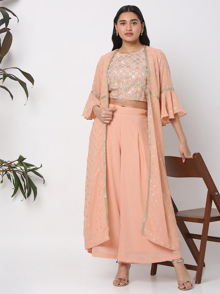 women's peach polyester georgette embellished cape set