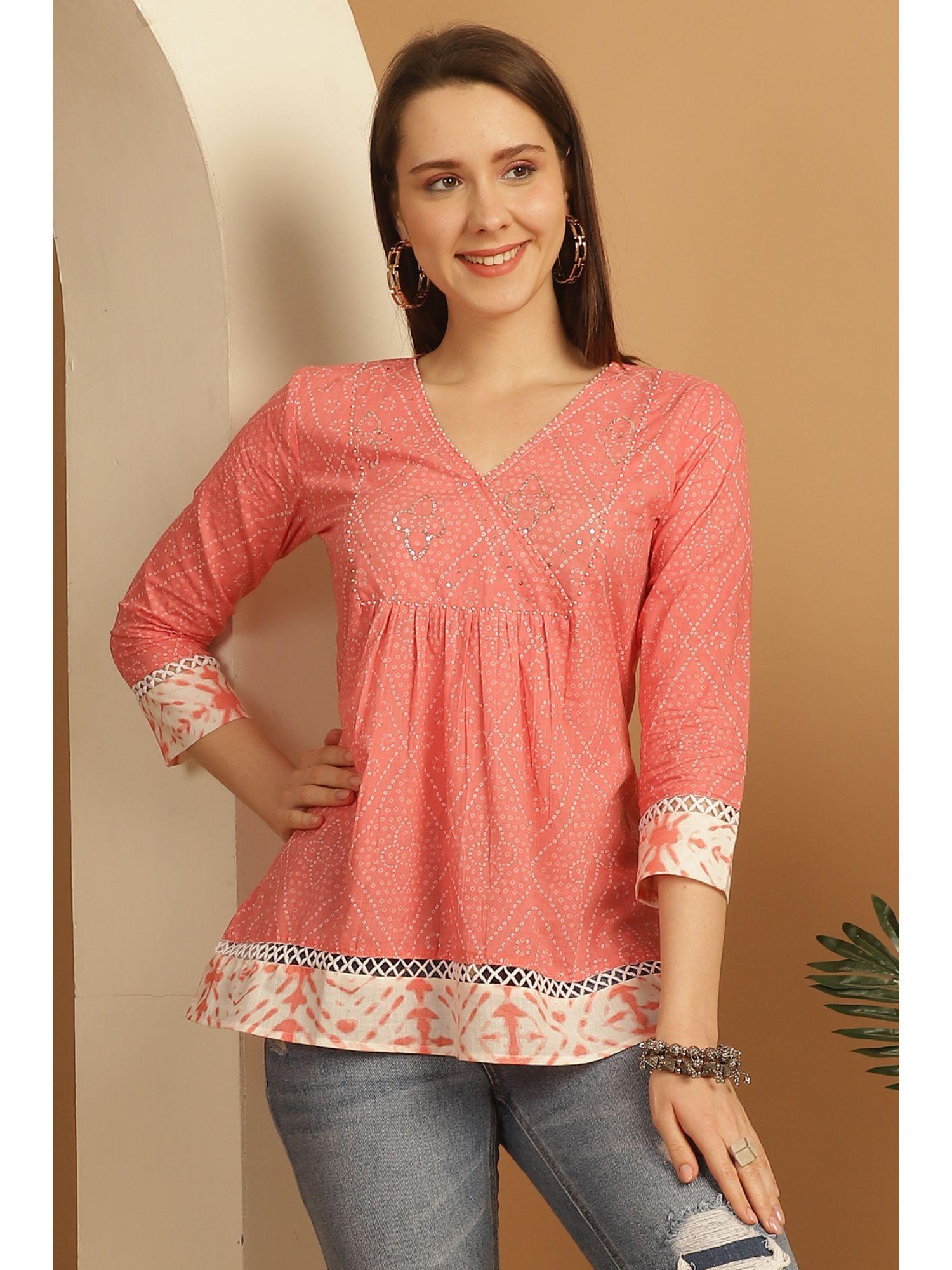 women's peach pure cotton bandhani printed short tunic