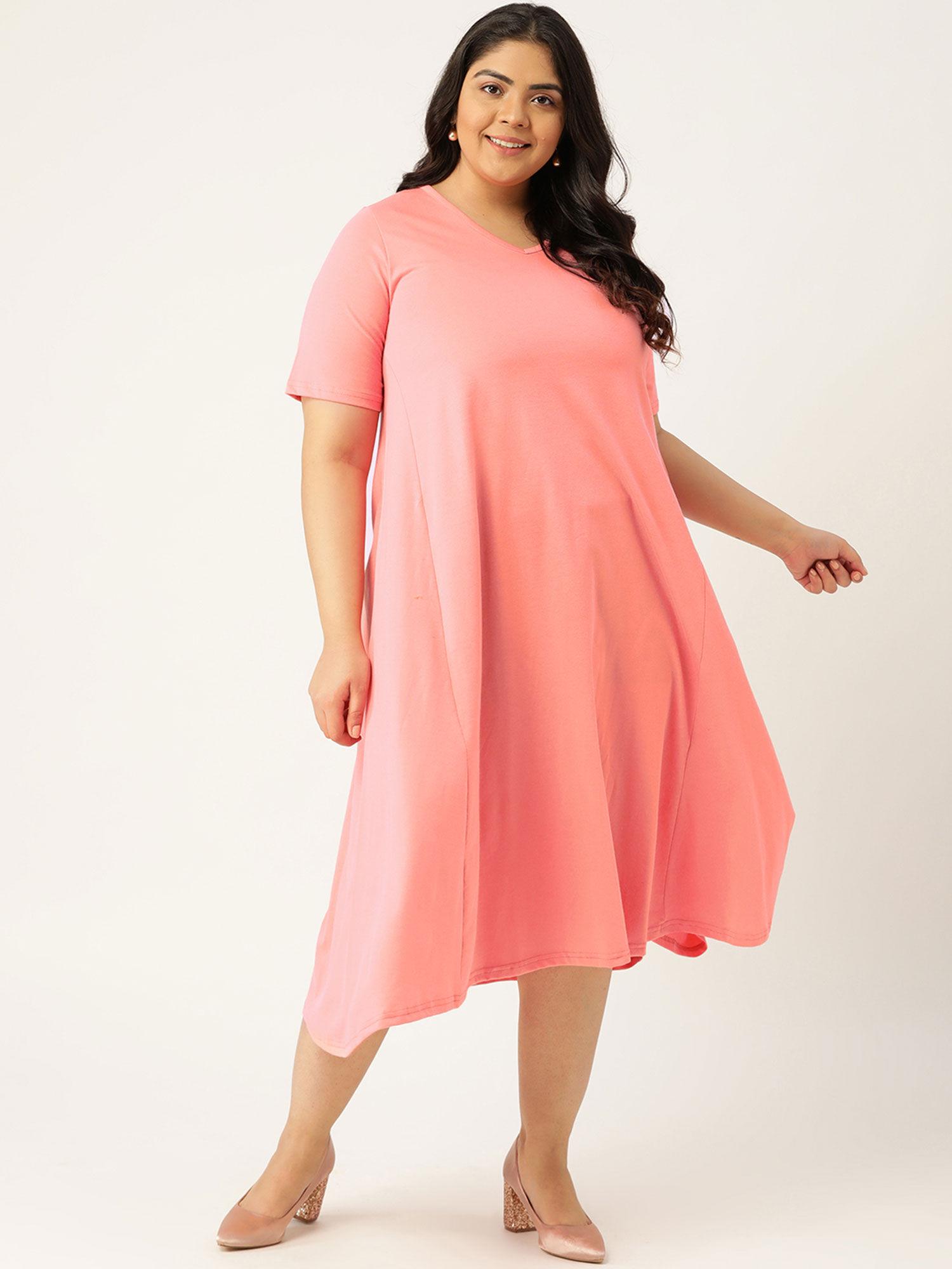 women's peach solid color v-neck cotton a-line dress