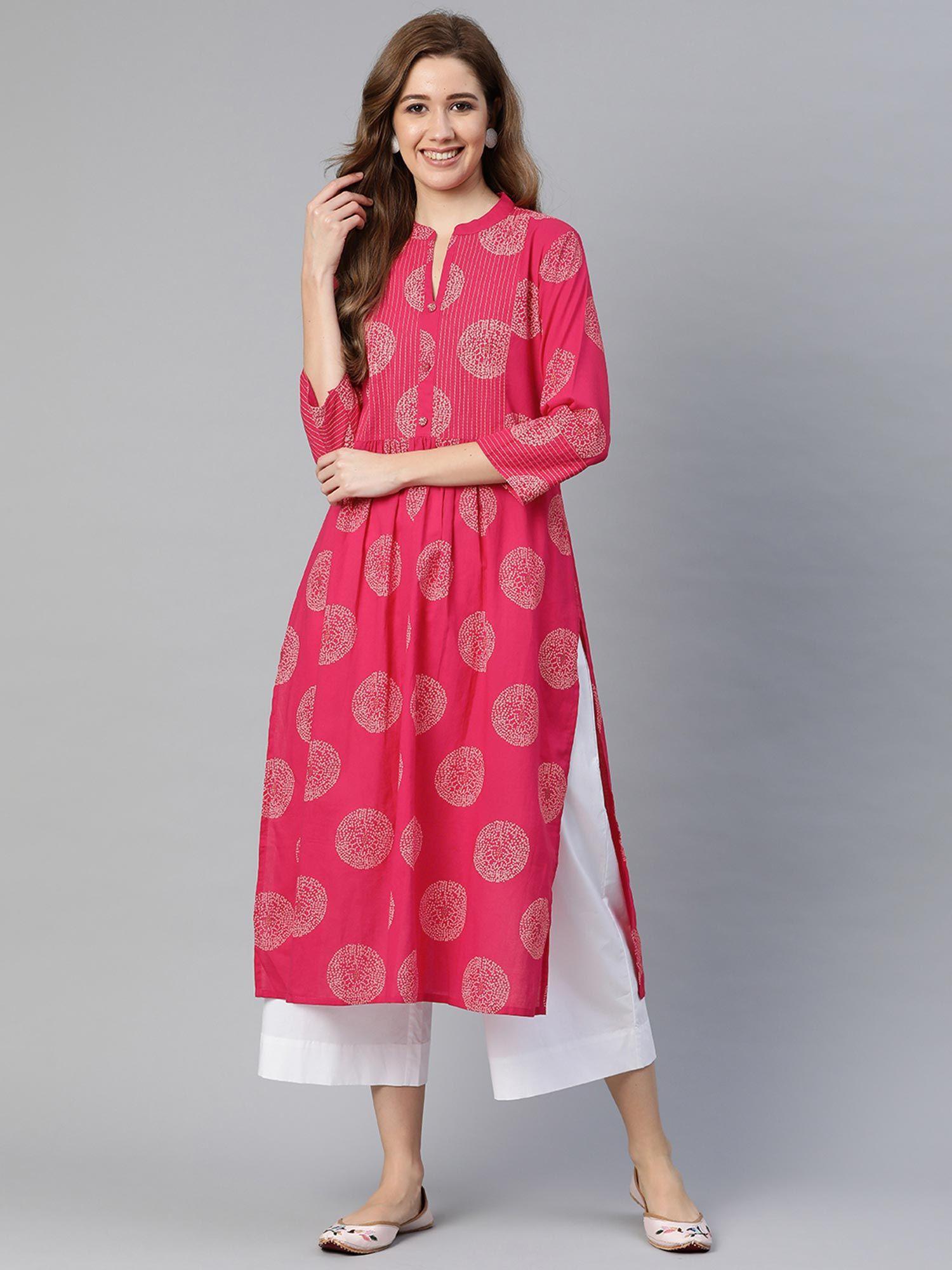 women's pink & off white printed a-line kurta