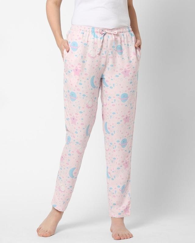 women's pink all over clouds & stars printed lounge pants