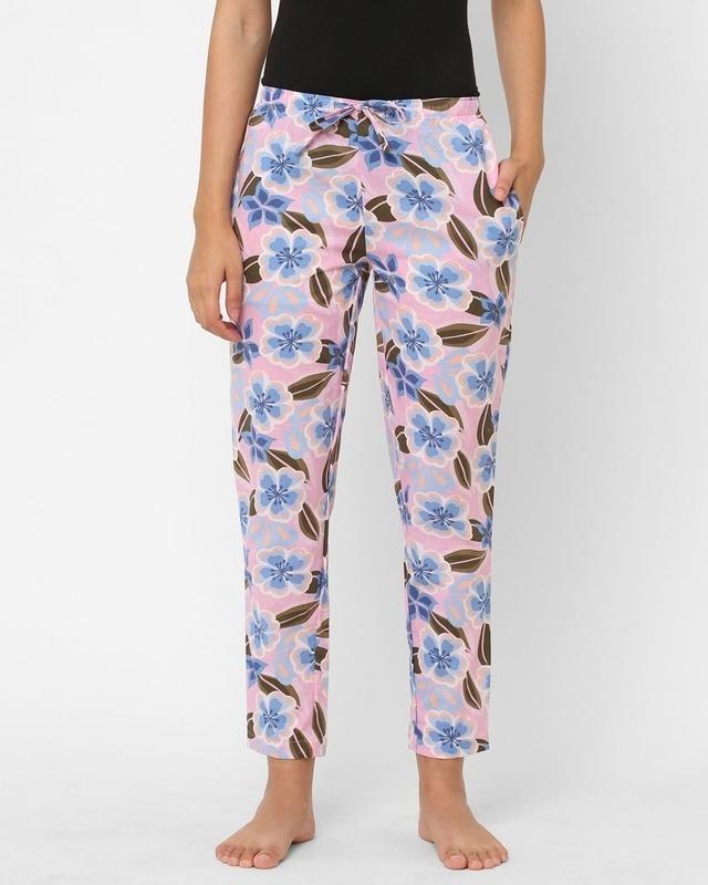 women's pink all over floral printed cotton lounge pants