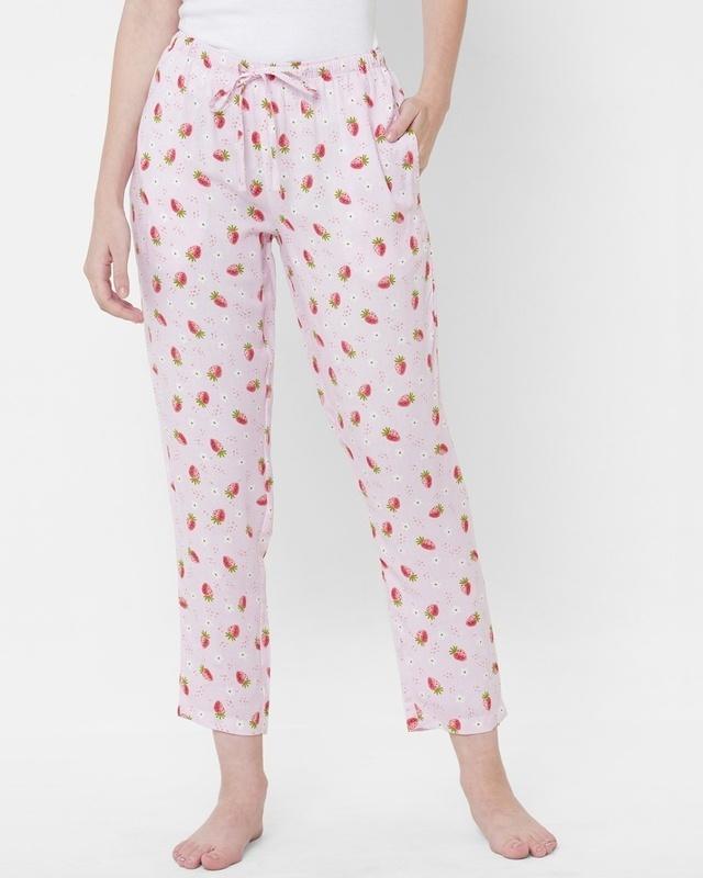 women's pink all over strawberry printed lounge pants