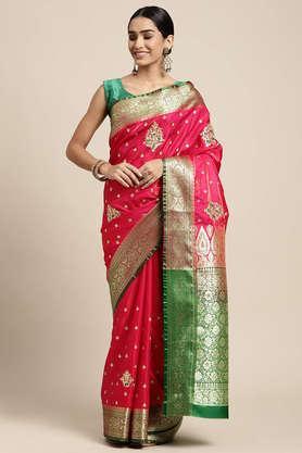 women's pink banarasi katan silk saree with blouse piece - pink