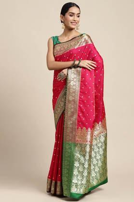 women's pink banarasi katan silk saree with buti work with blouse piece - pink