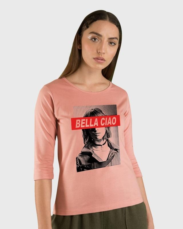 women's pink bella tokyo graphic printed 3/4 sleeve slim fit t-shirt