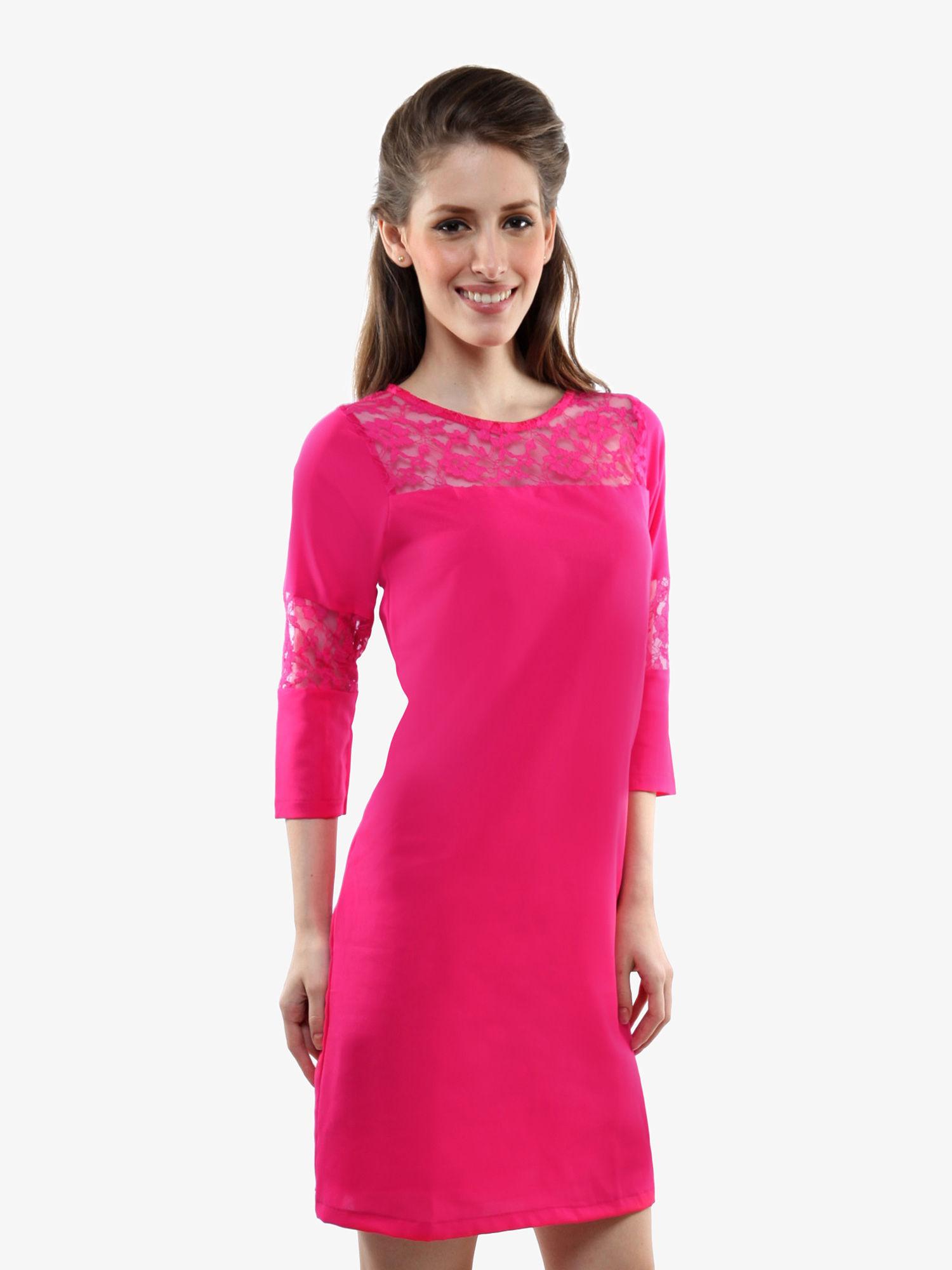 women's pink boat neck 3/4 sleeves mini lace shift dress