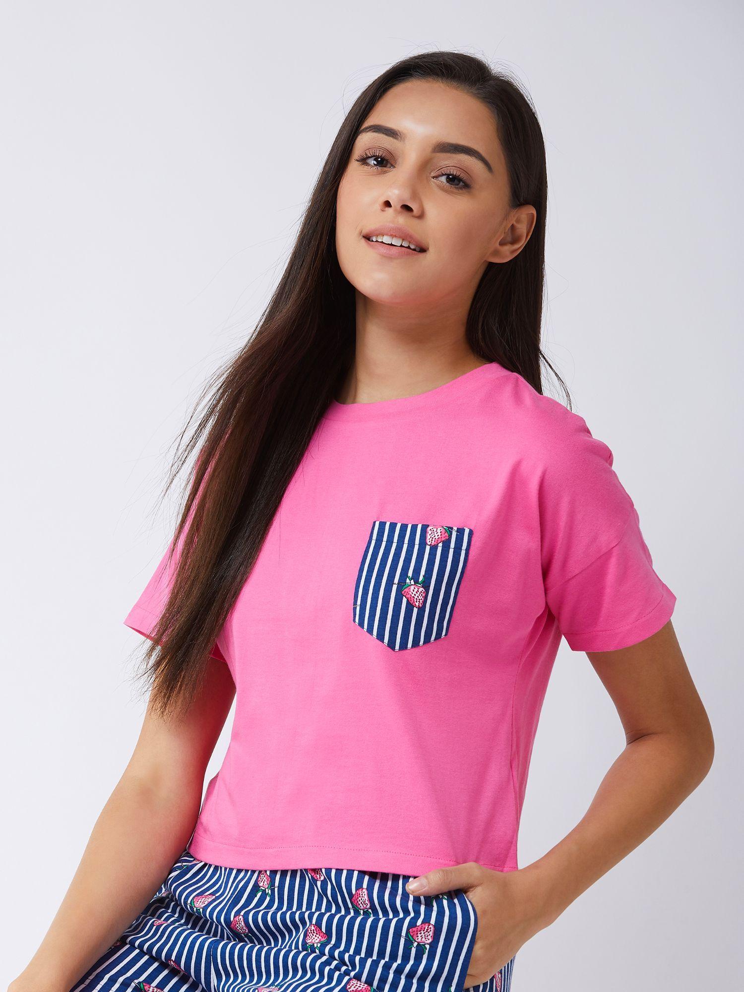 women's pink cropped solid t-shirt pink