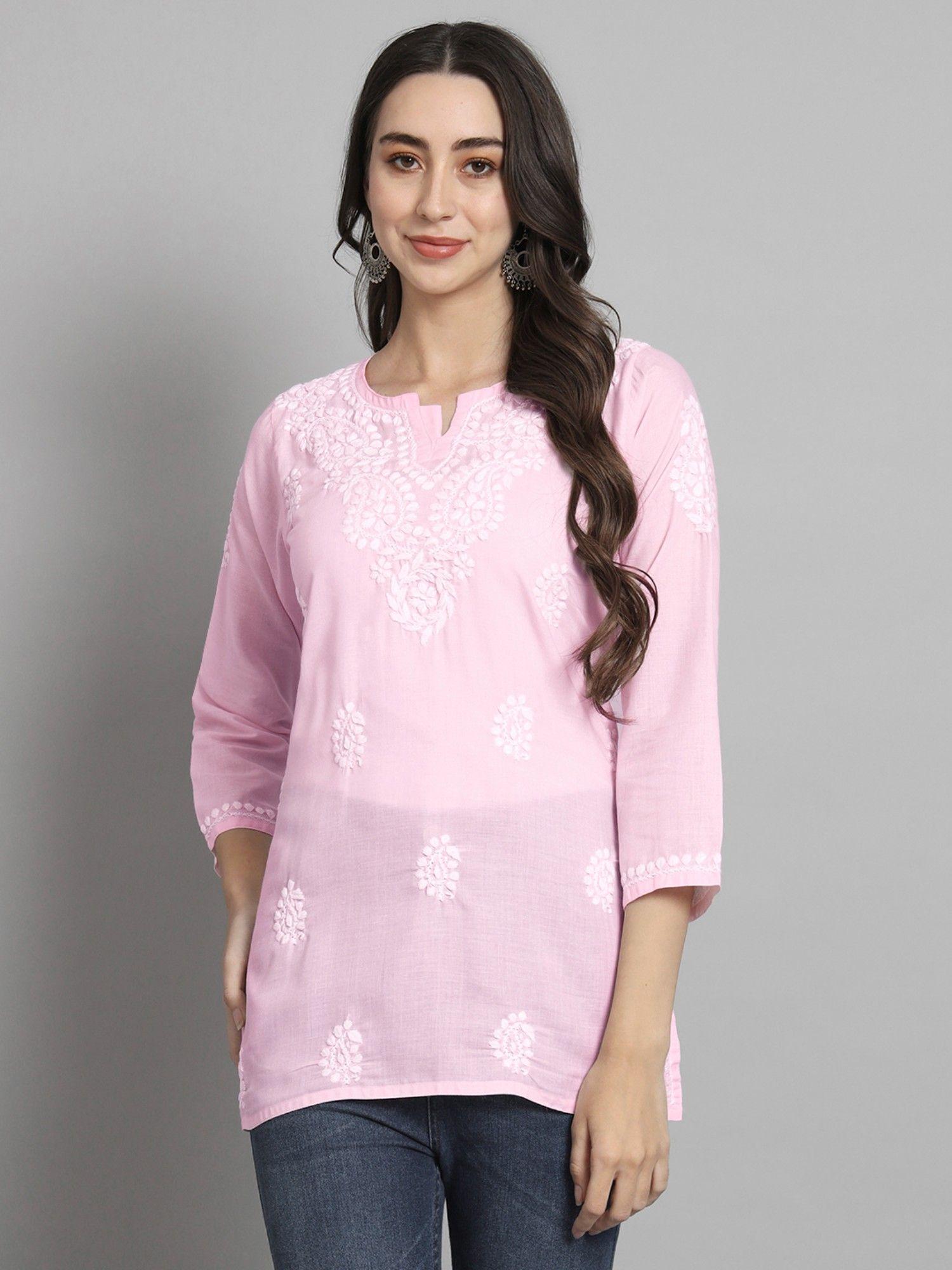 women's pink ethnic motifs hand embroidered chikankari cotton tunic