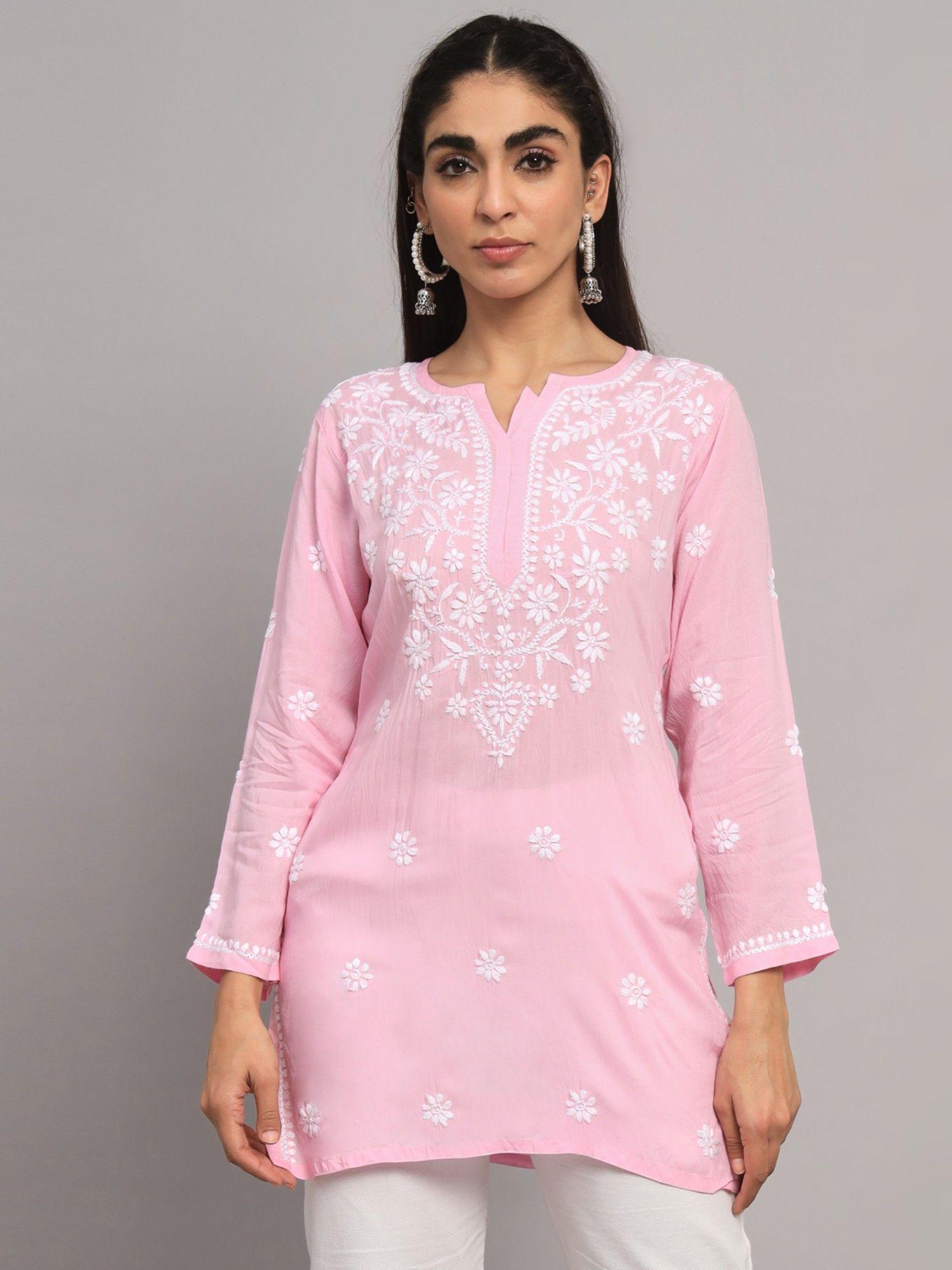 women's pink ethnic motifs hand embroidered chikankari modal tunic