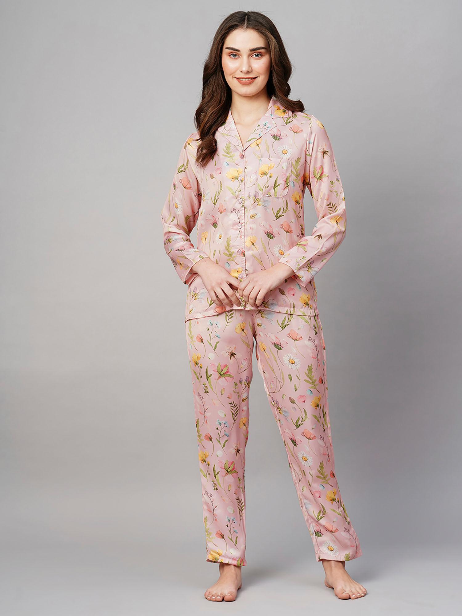 women's pink floral print night suit (set of 2)