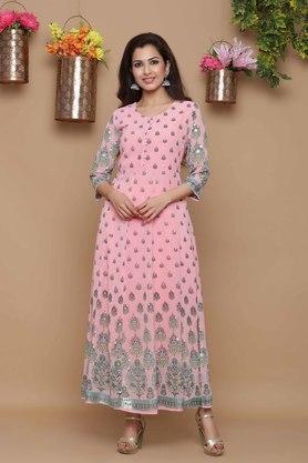 women's pink georgette placement print foil kalidar ethnic dress with poly crepe lining - pink