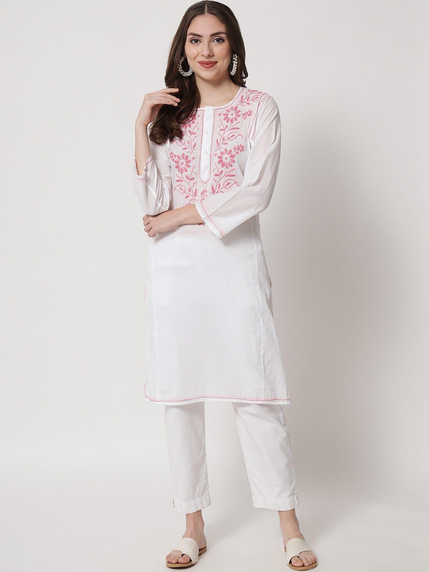 women's pink hand embroidered chikankari cotton straight kurta