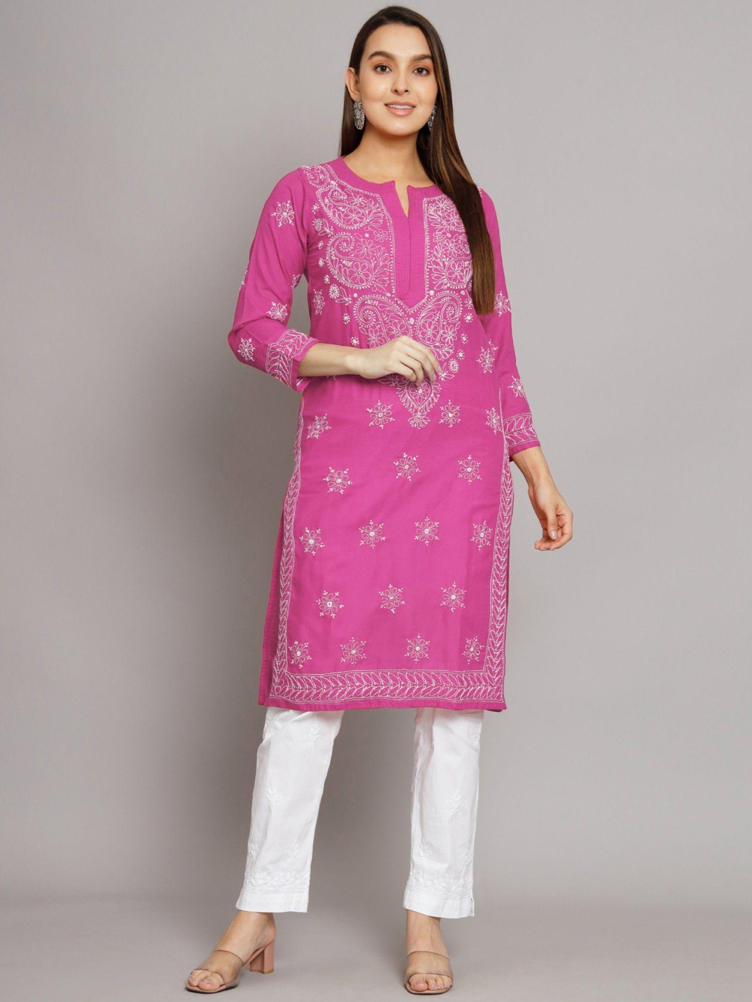 women's pink hand embroidered chikankari cotton straight kurta