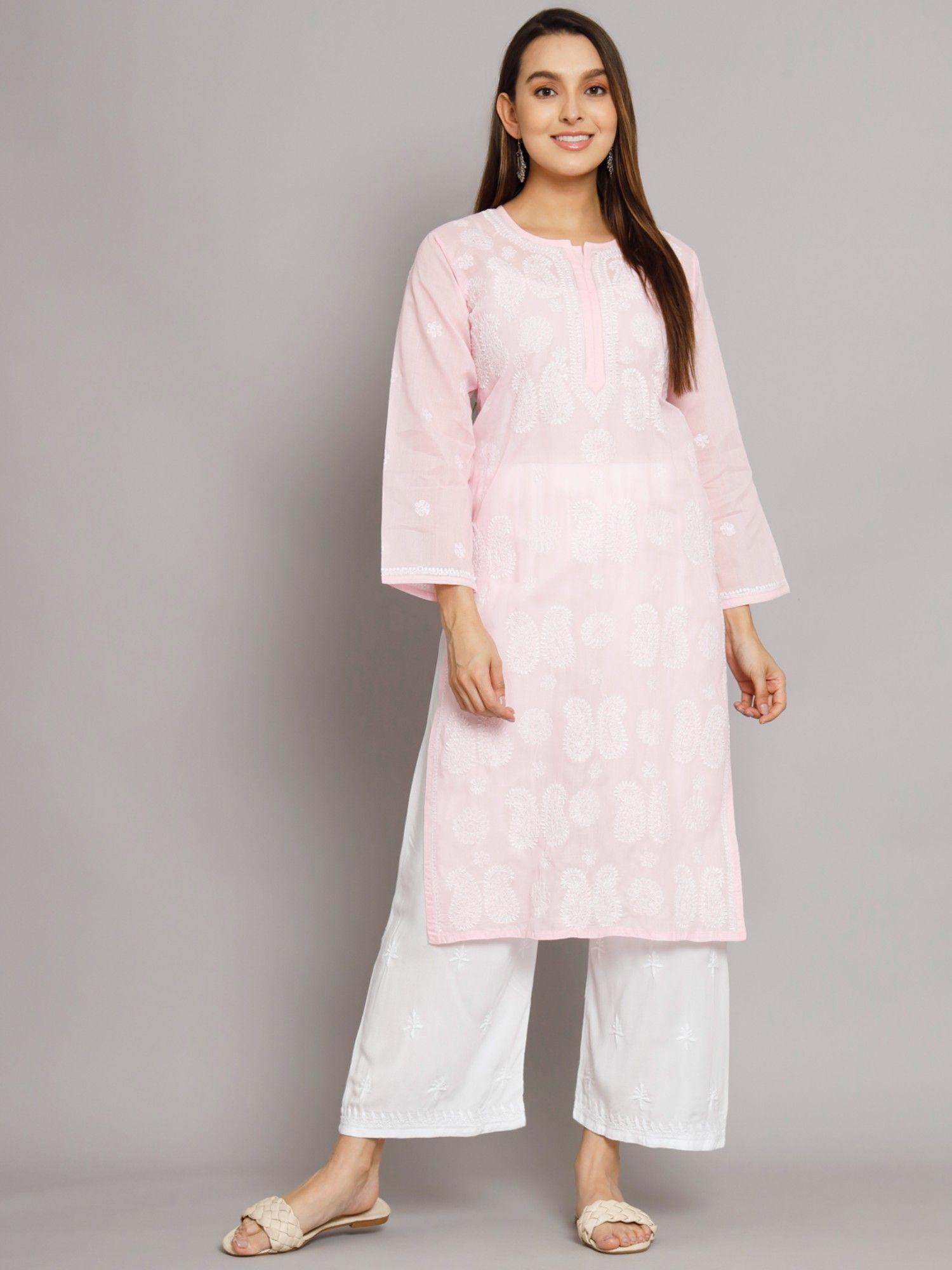 women's pink hand embroidered chikankari cotton straight kurta