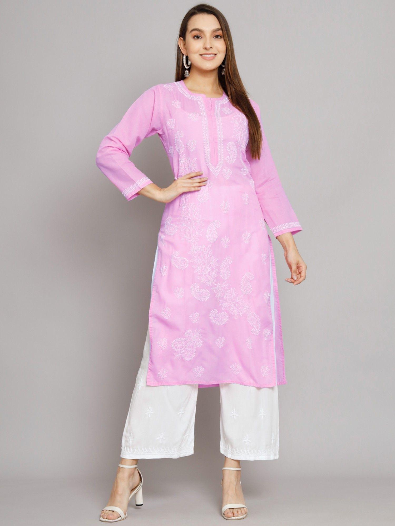 women's pink hand embroidered chikankari cotton straight kurta