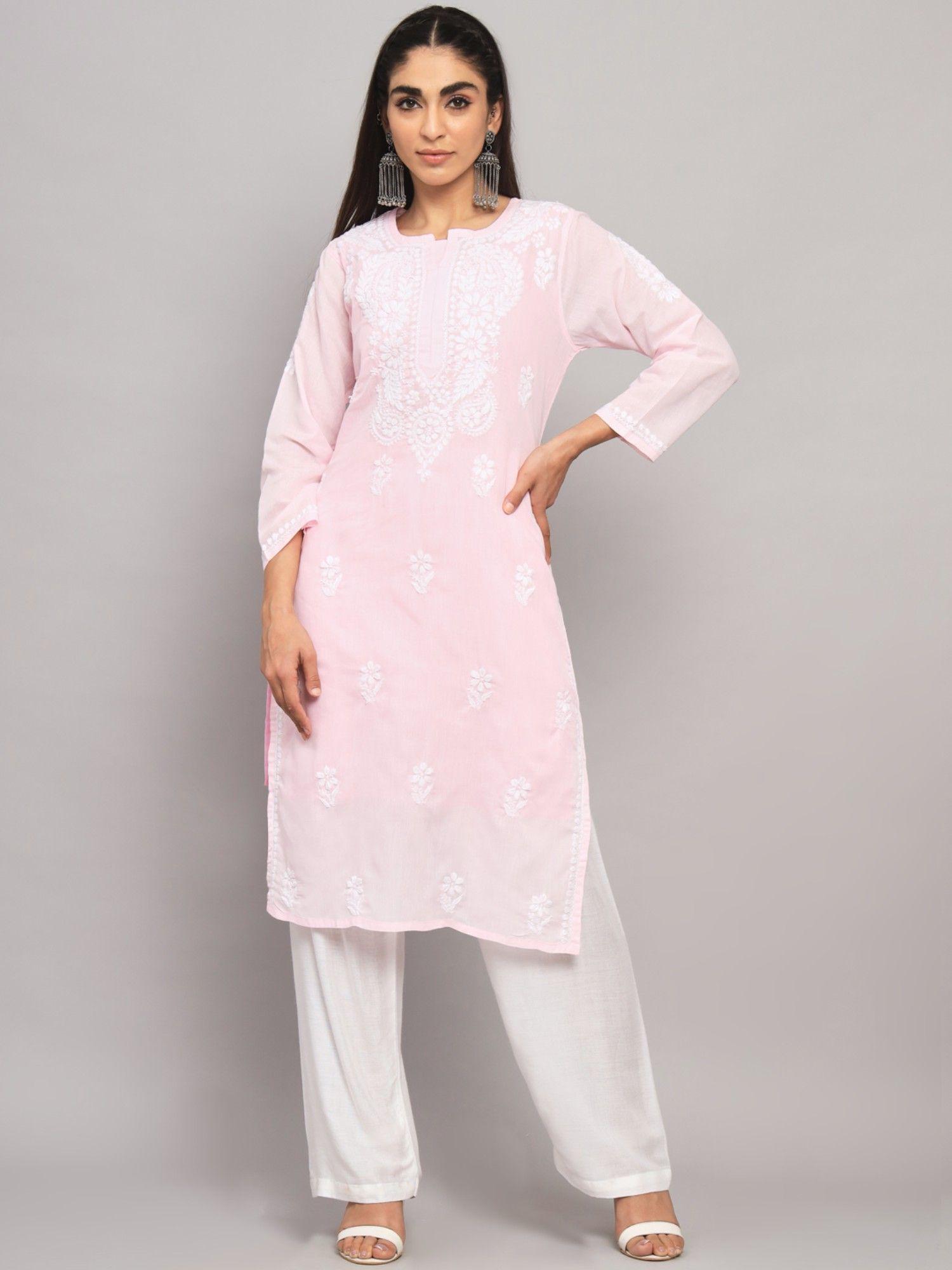 women's pink hand embroidered chikankari cotton straight kurta