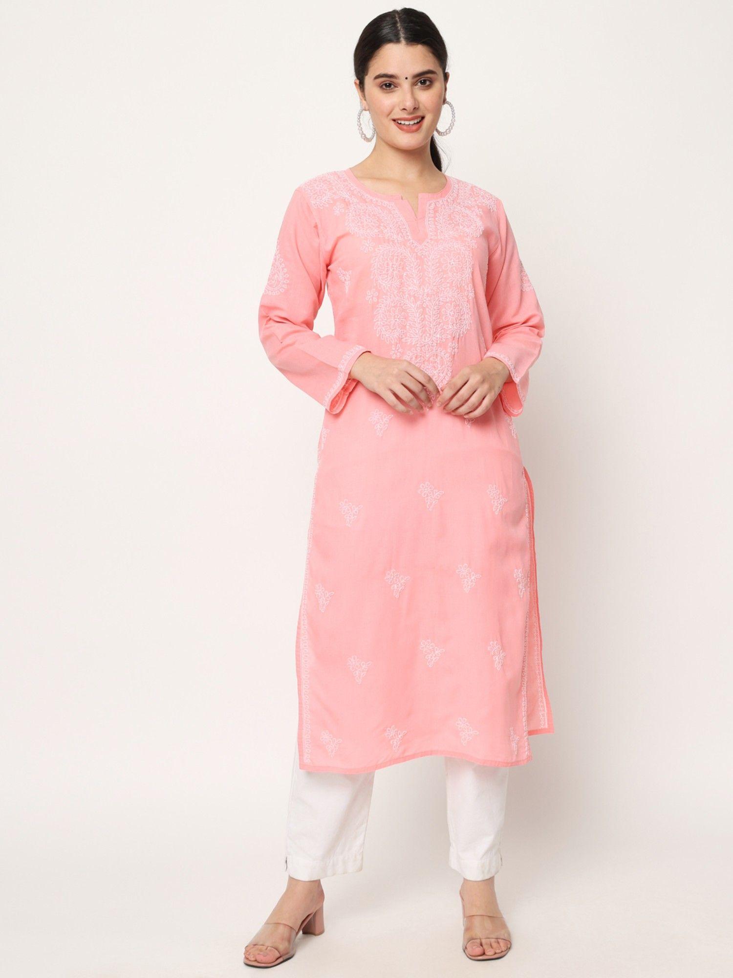 women's pink hand embroidered chikankari cotton straight kurta