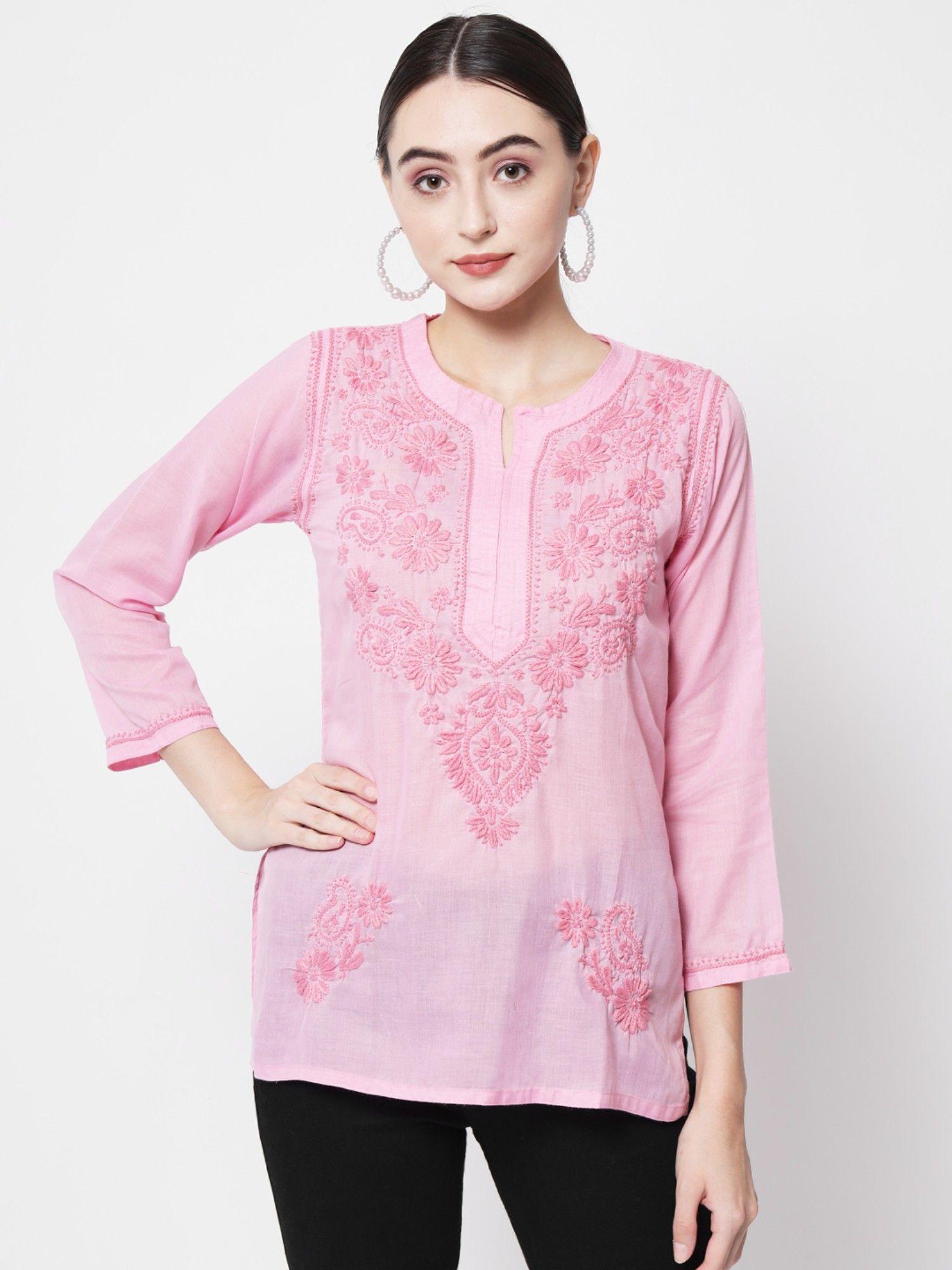 women's pink hand embroidered chikankari cotton straight short tunic