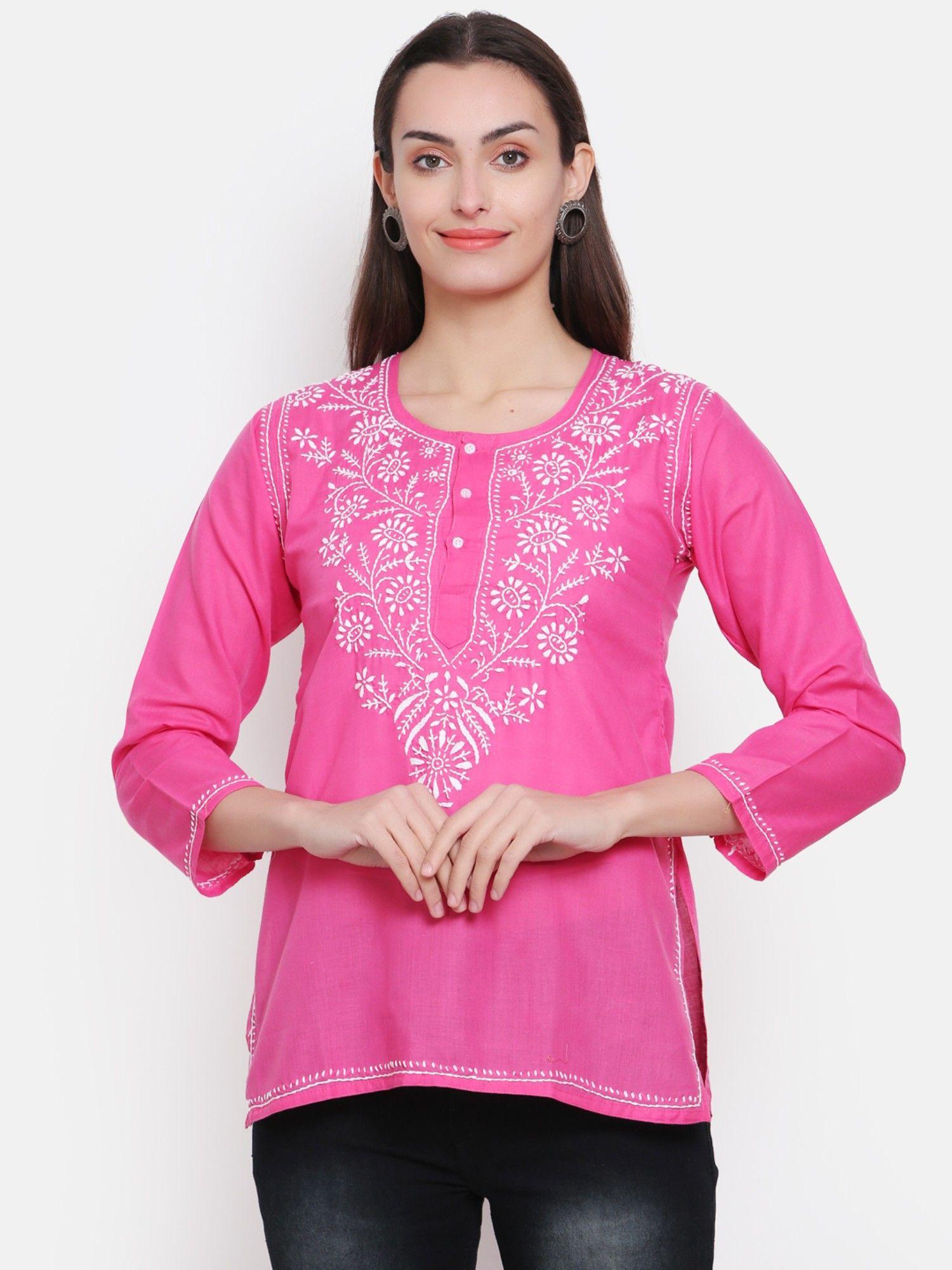 women's pink hand embroidered chikankari cotton straight short tunic