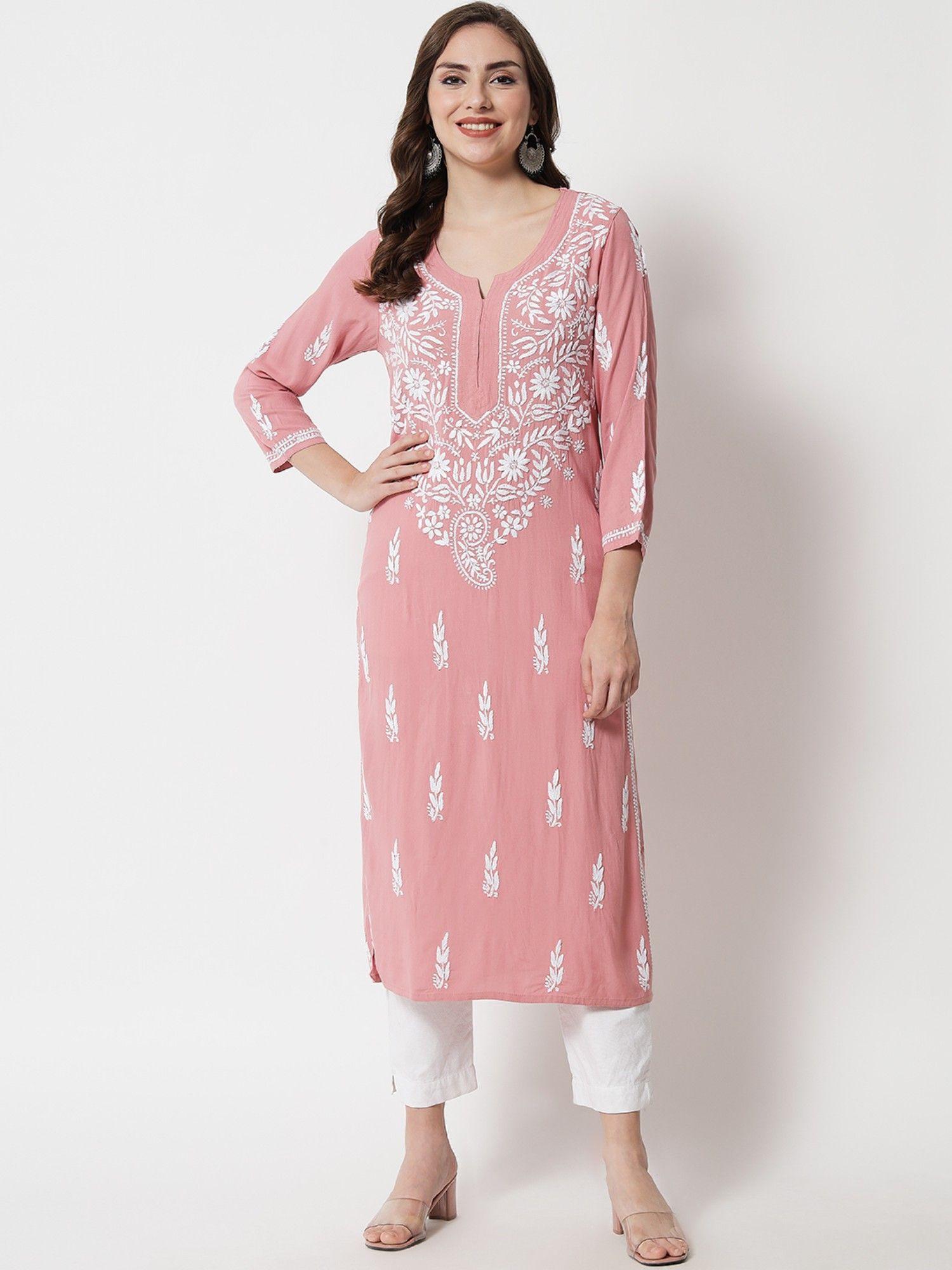 women's pink hand embroidered chikankari rayon straight kurta