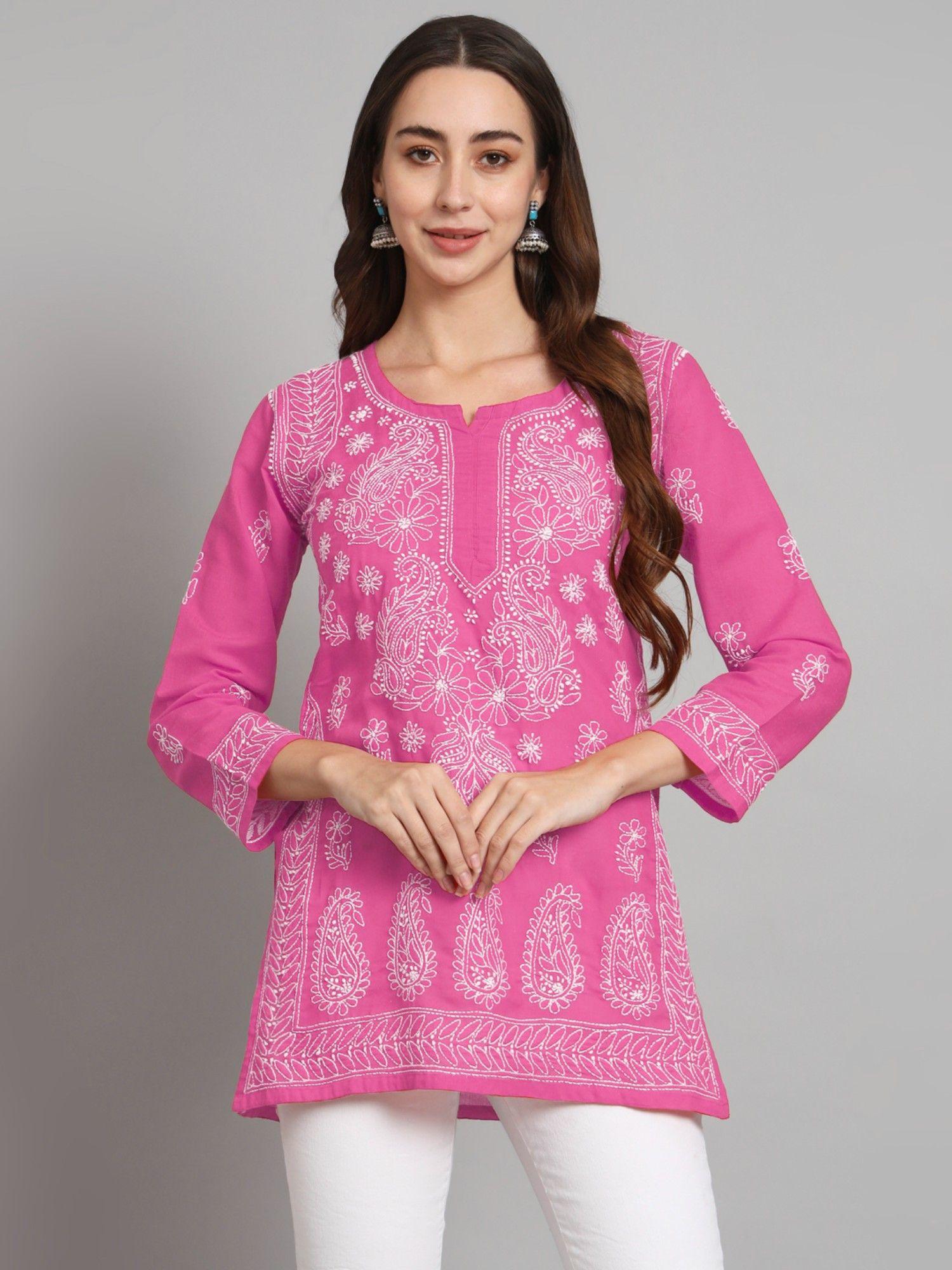 women's pink hand embroidered lucknowi chikankari cotton kurti