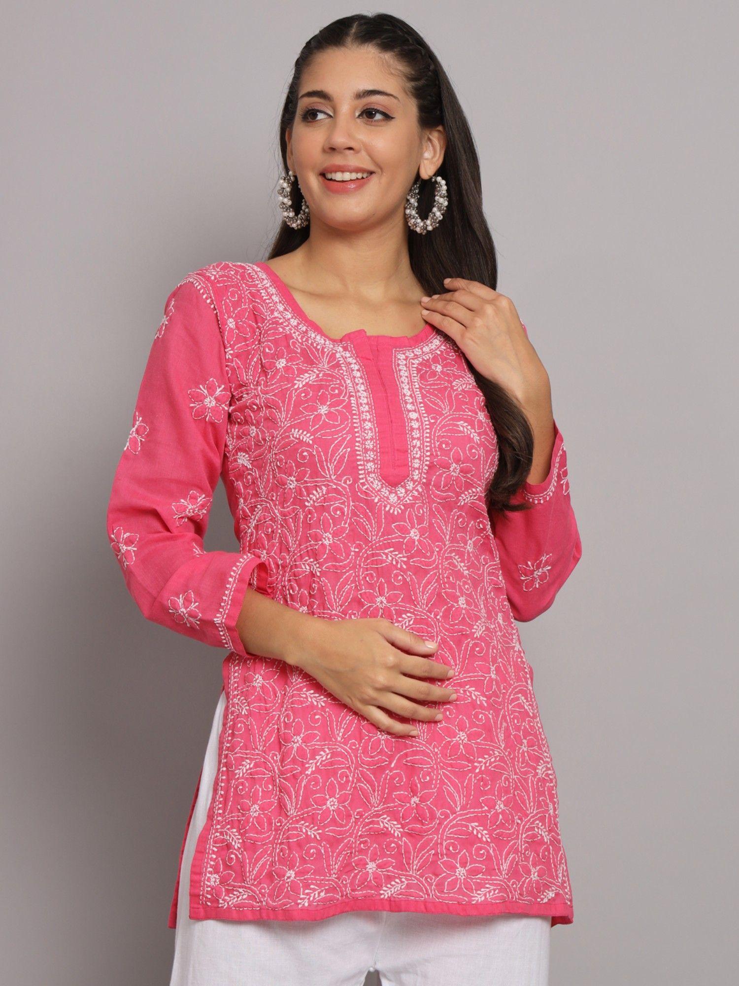 women's pink hand embroidered lucknowi chikankari cotton tunic