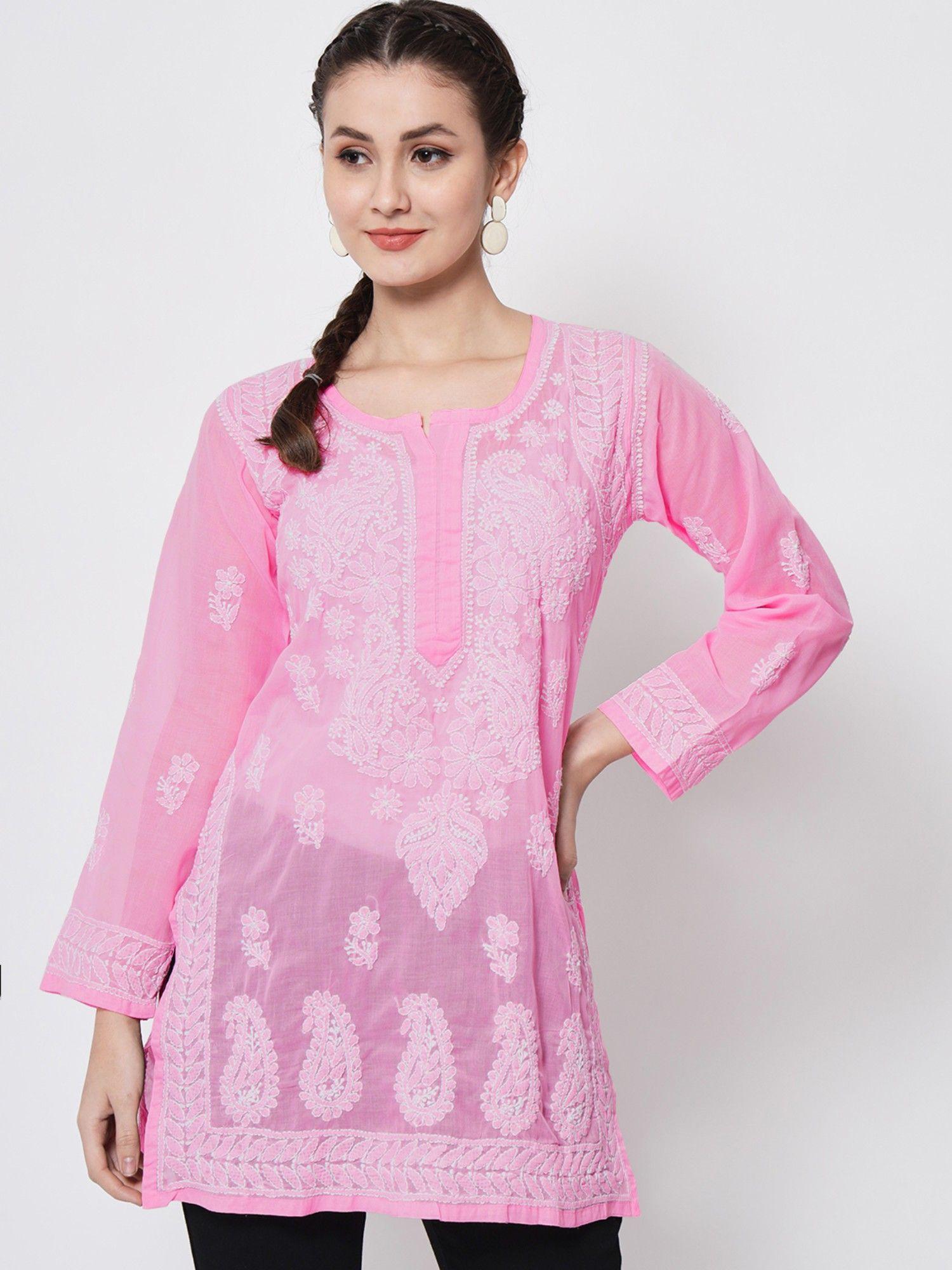 women's pink hand embroidered lucknowi chikankari cotton tunic