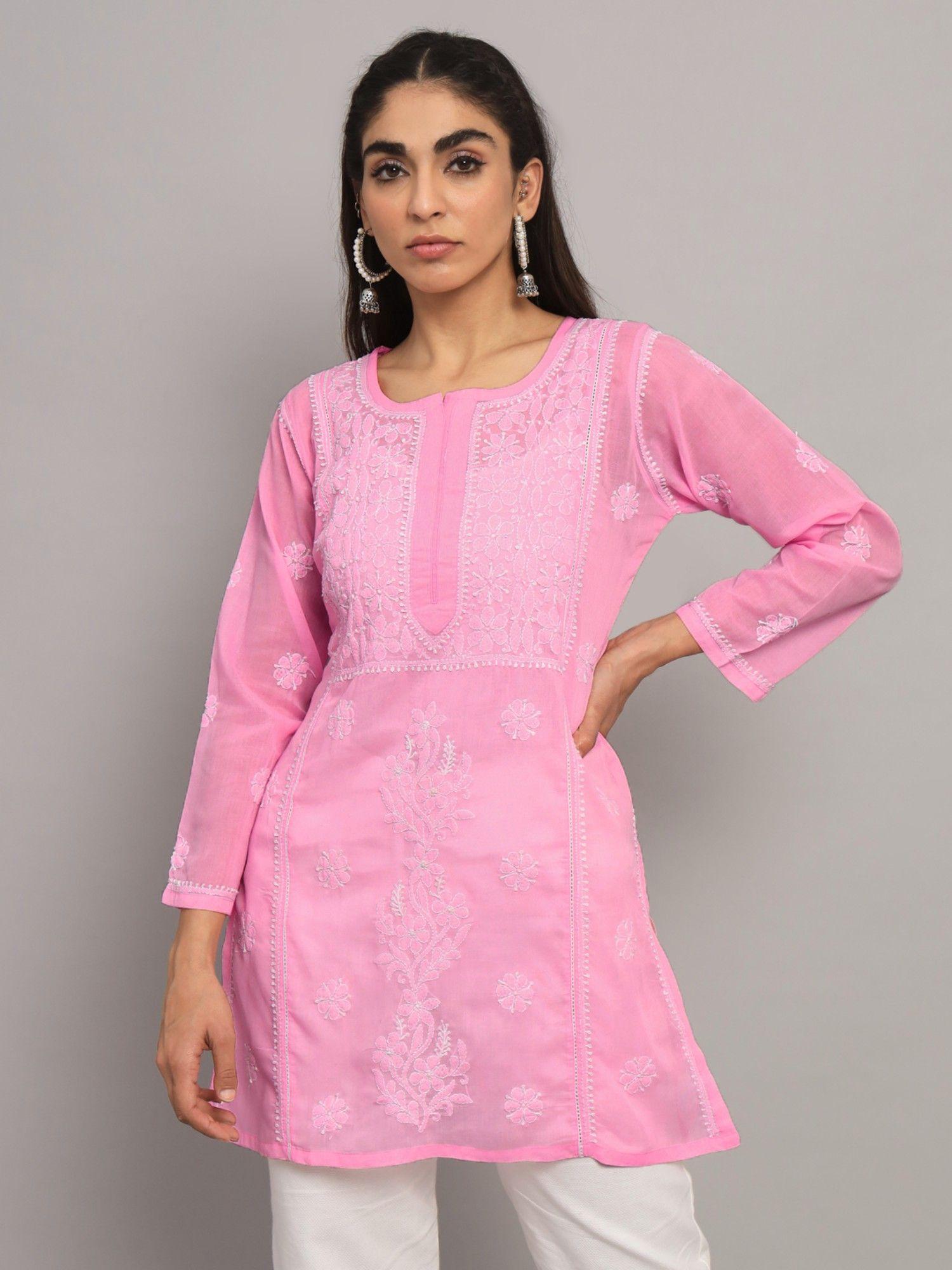 women's pink hand embroidered lucknowi chikankari cotton tunic