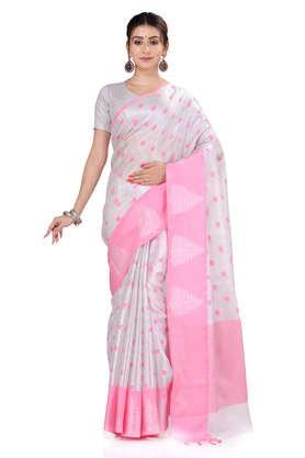 women's pink handwoven meena work tissue silk saree with blouse piece - pink