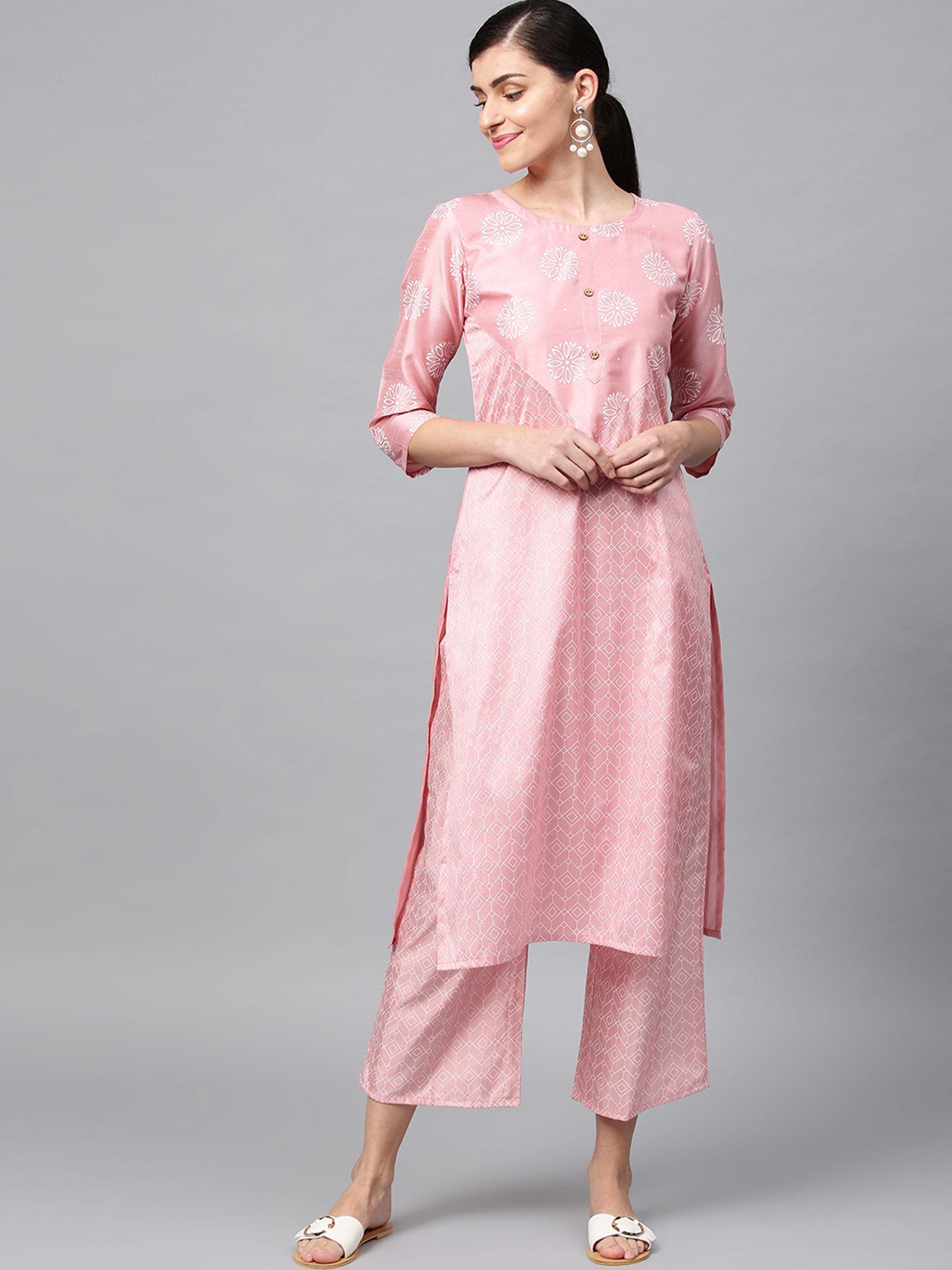 women's pink khadi print straight kurta palazzo set (set of 2)
