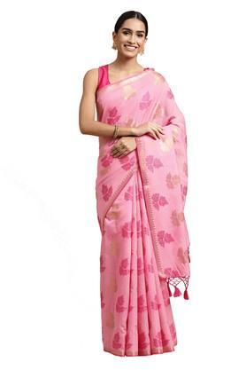 women's pink motif weave lightweight chanderi banarasi silk saree with blouse piece - pink