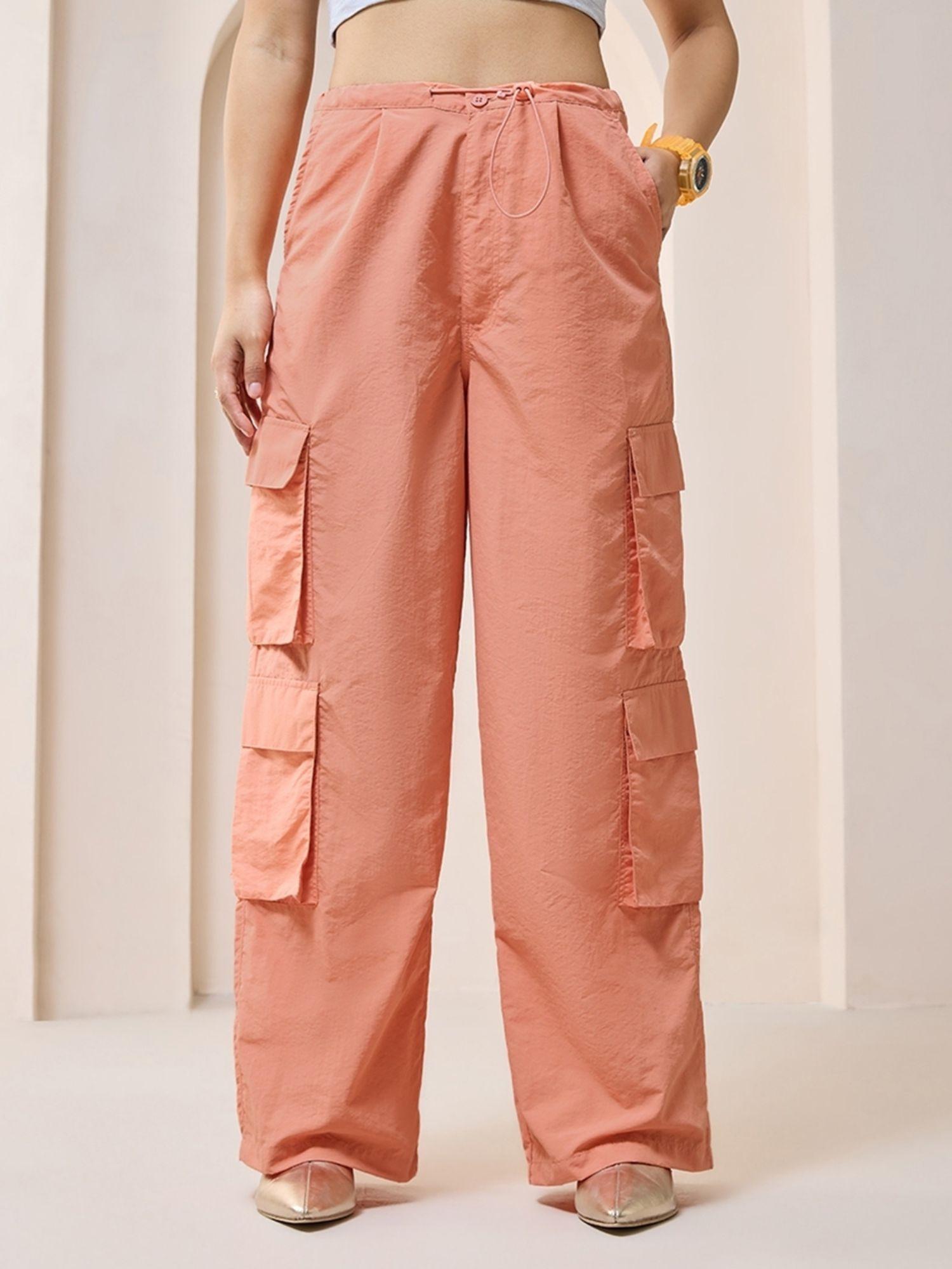 women's pink oversized cargo parachute pants