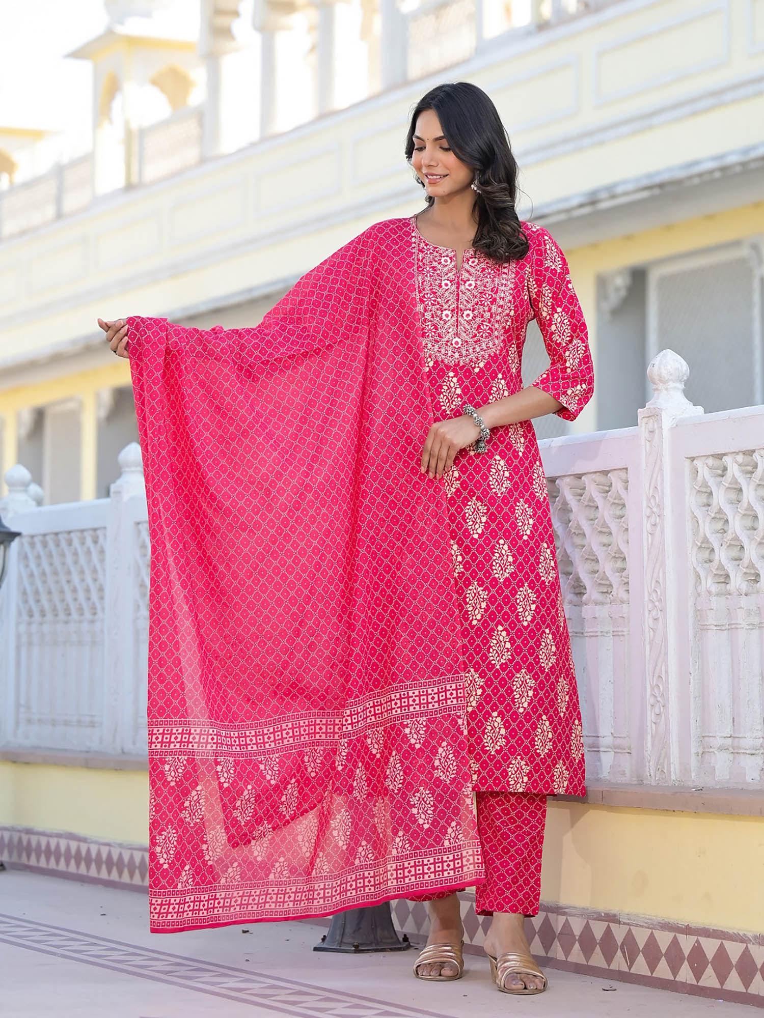 women's pink printed & embroidered rayon straight kurta with pant & dupatta (set of 3)