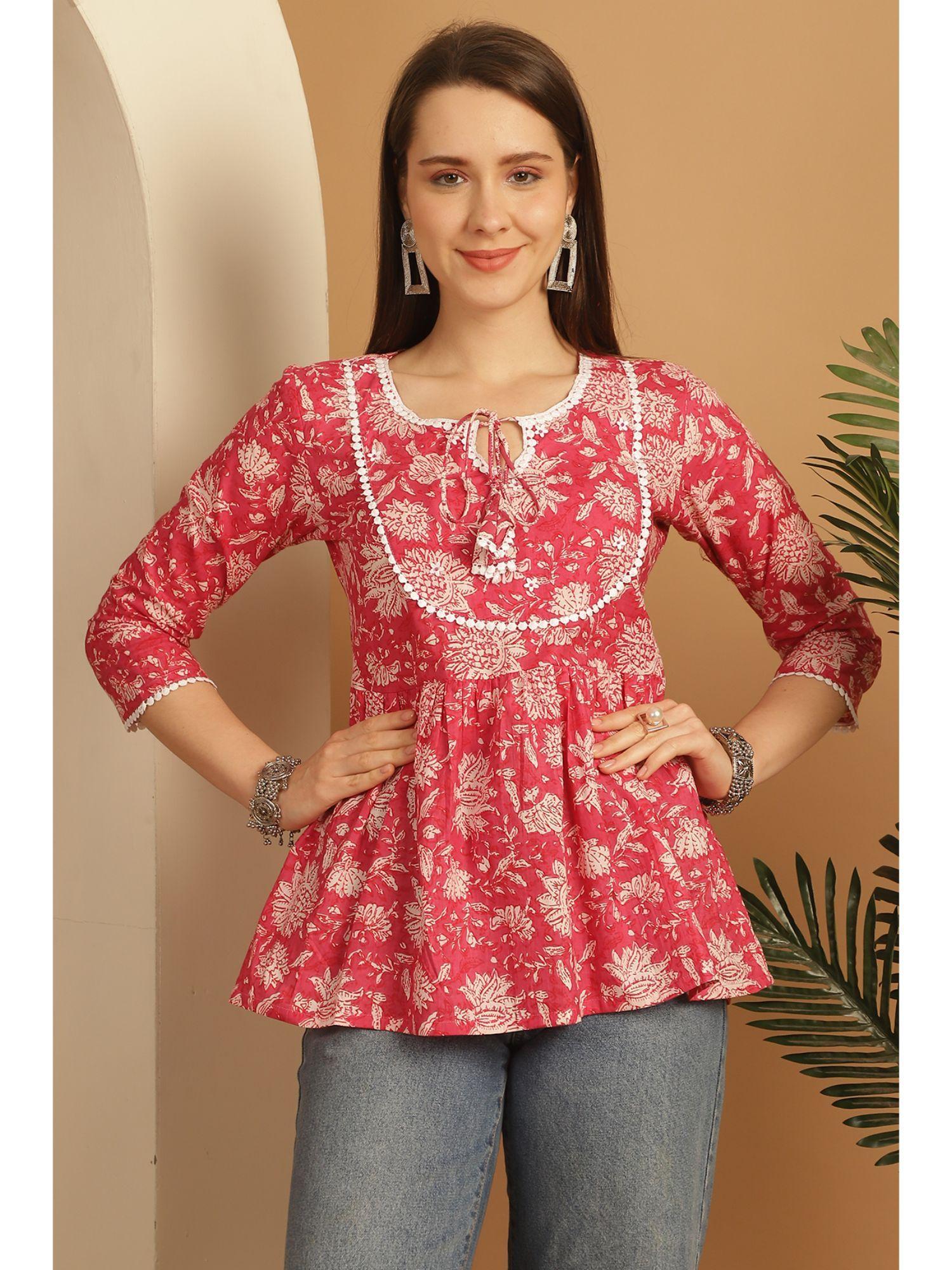 women's pink pure cotton floral printed short tunic