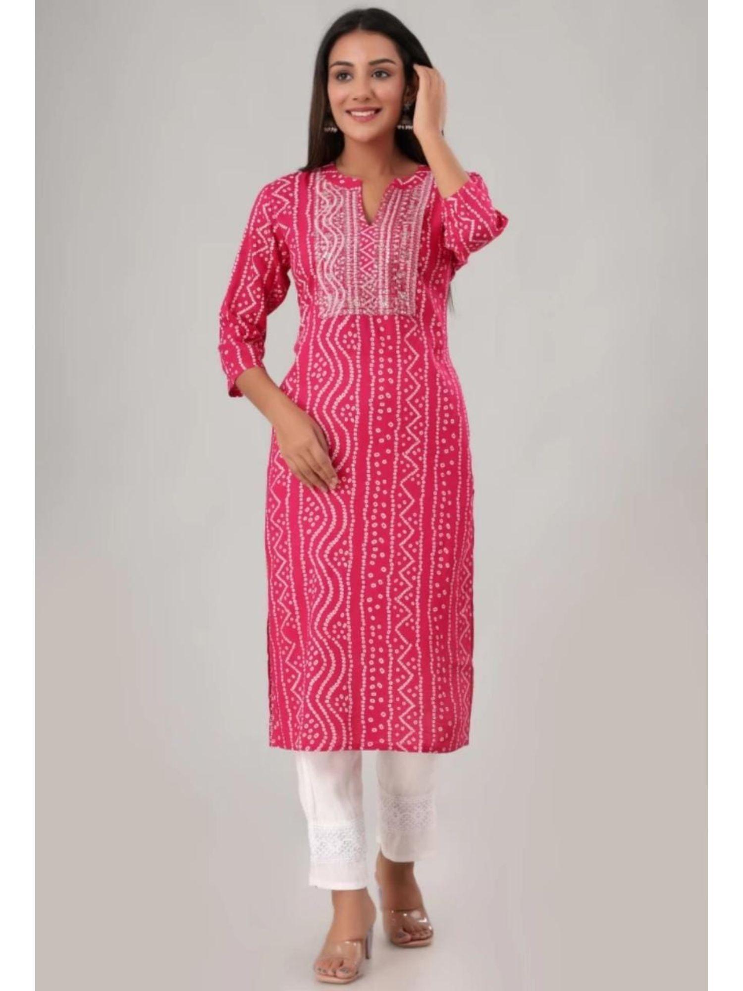 women's pink rayon bandhej printed straight kurta