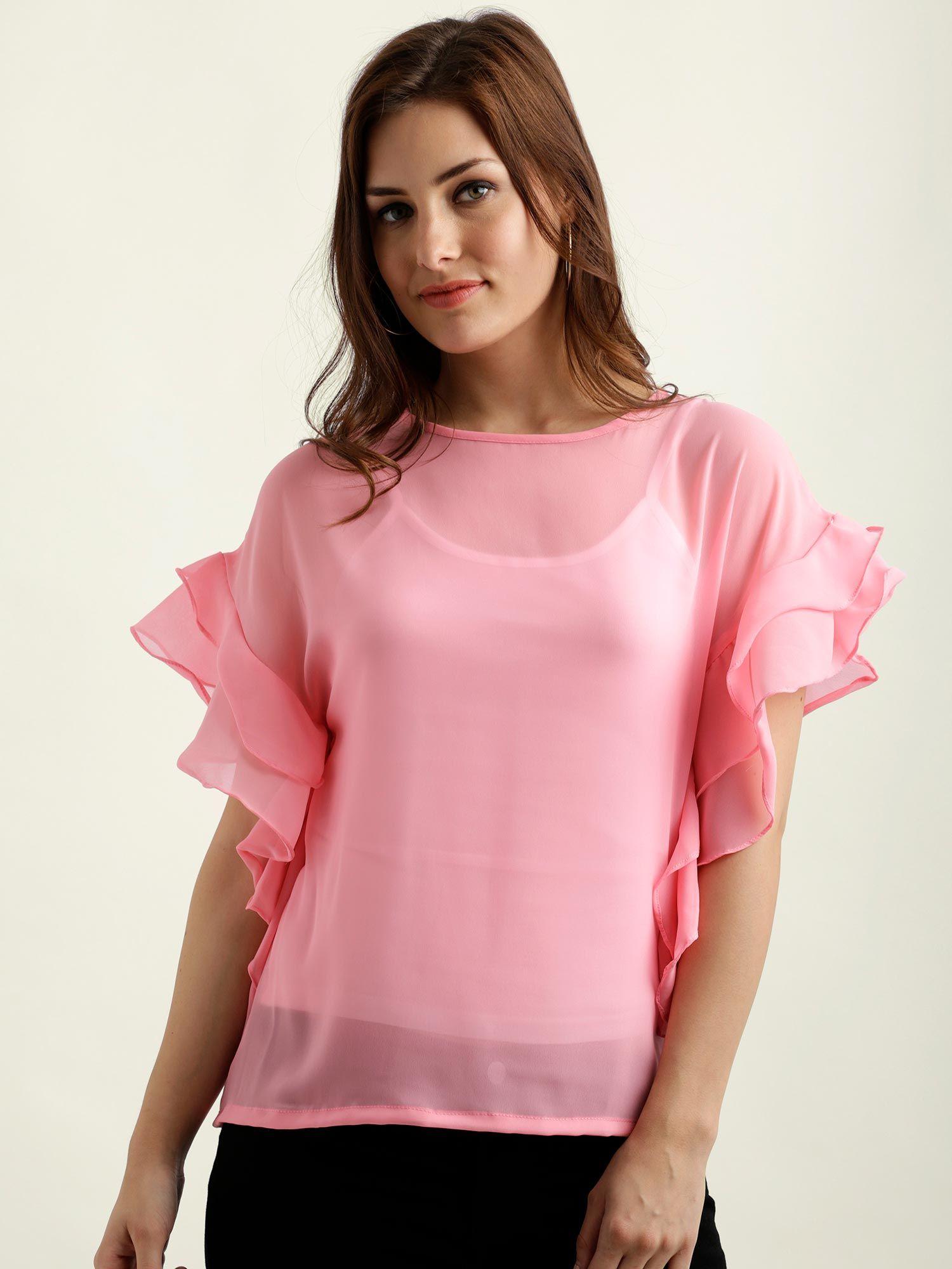 women's pink round neck half sleeve solid layered sheer ruffled top