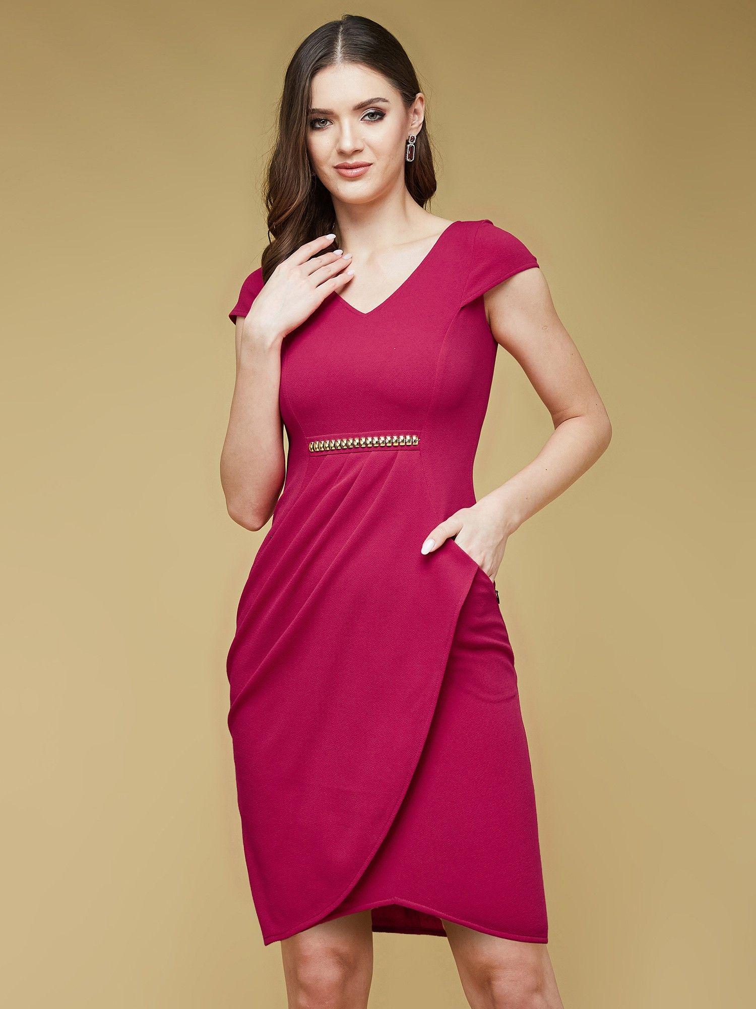 women's pink solid polyester side pocketed knee long dress