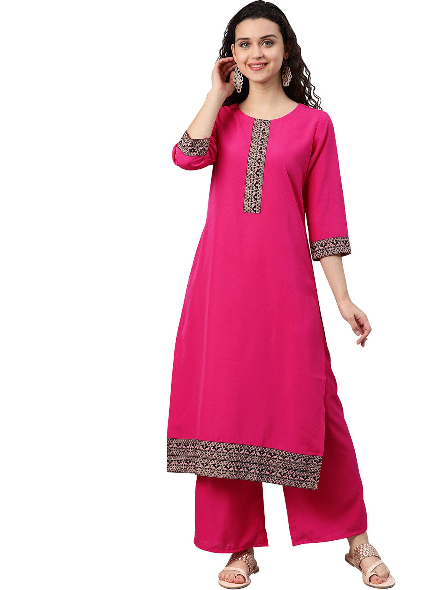 women's pink solid straight crepe kurta