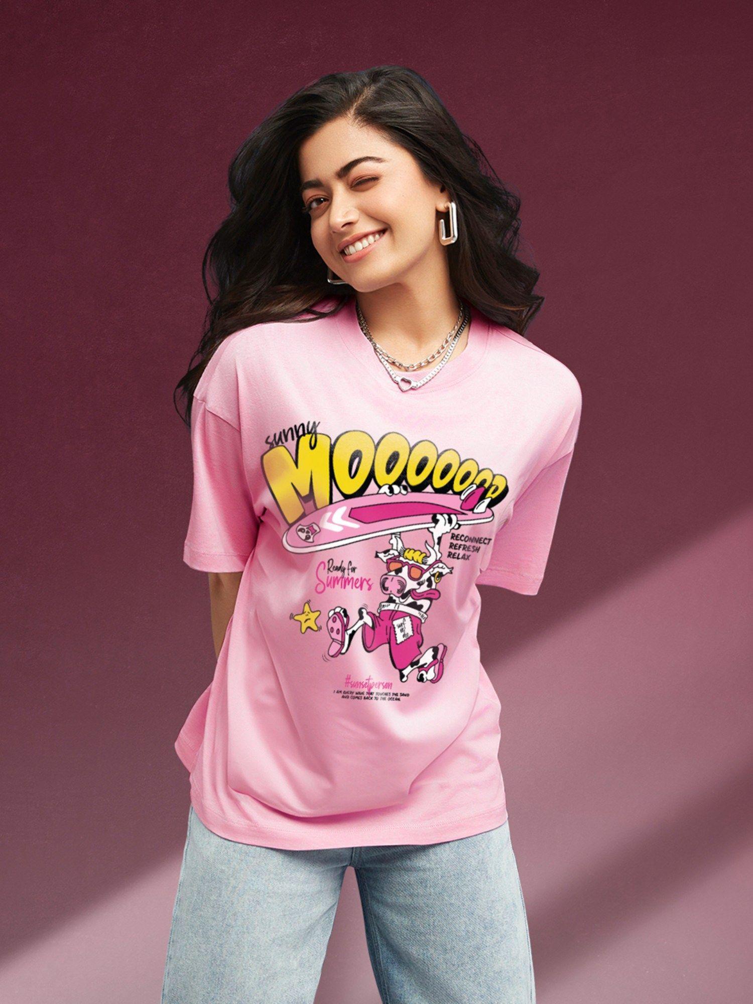 women's pink sunny moooood graphic printed oversized t-shirt