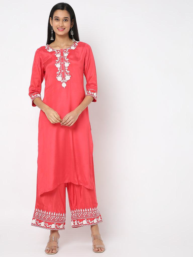 women's pink viscose shantoon embroidered kurta palazzo sets