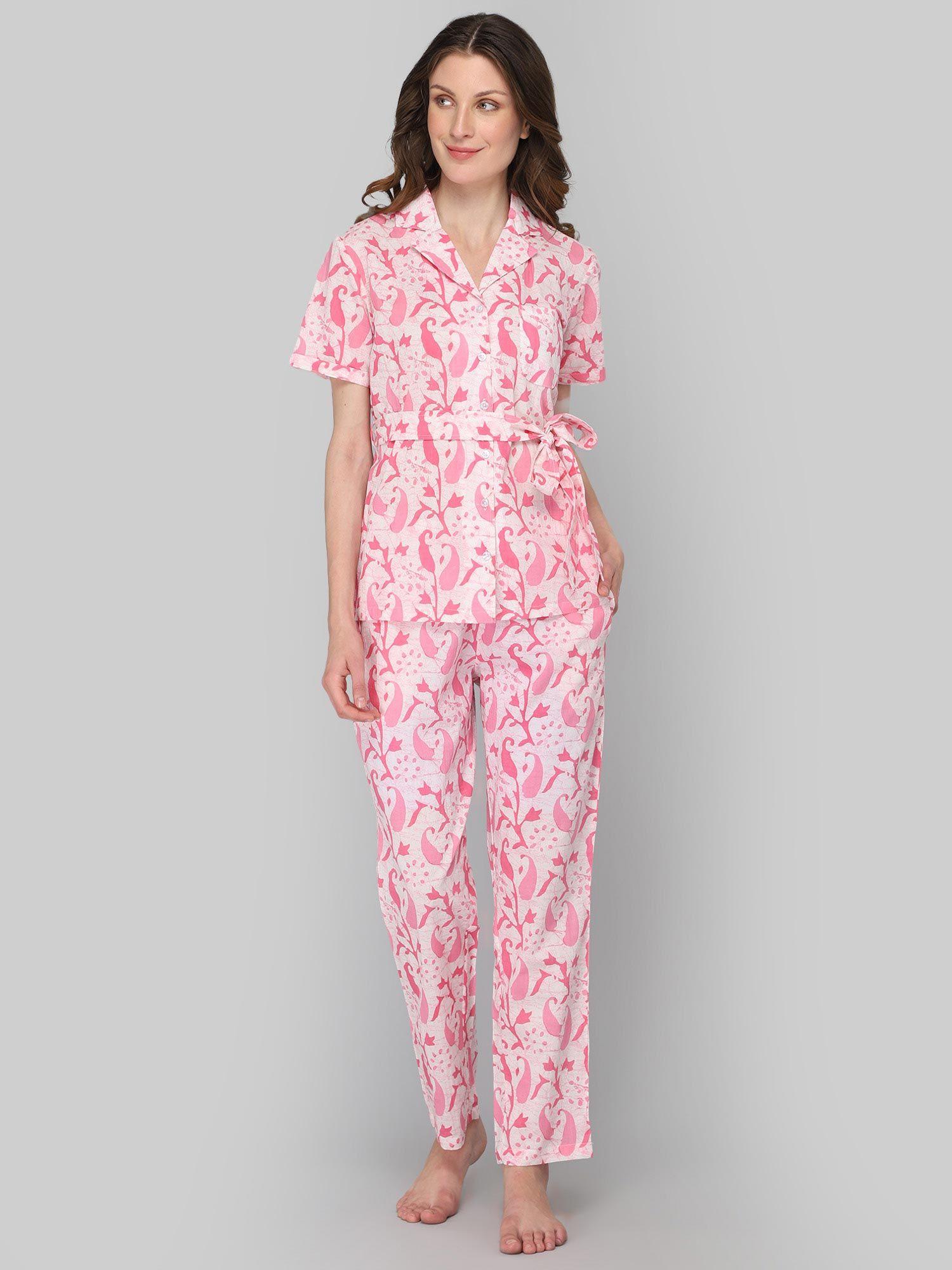 women's pink white print night suit (set of 3)