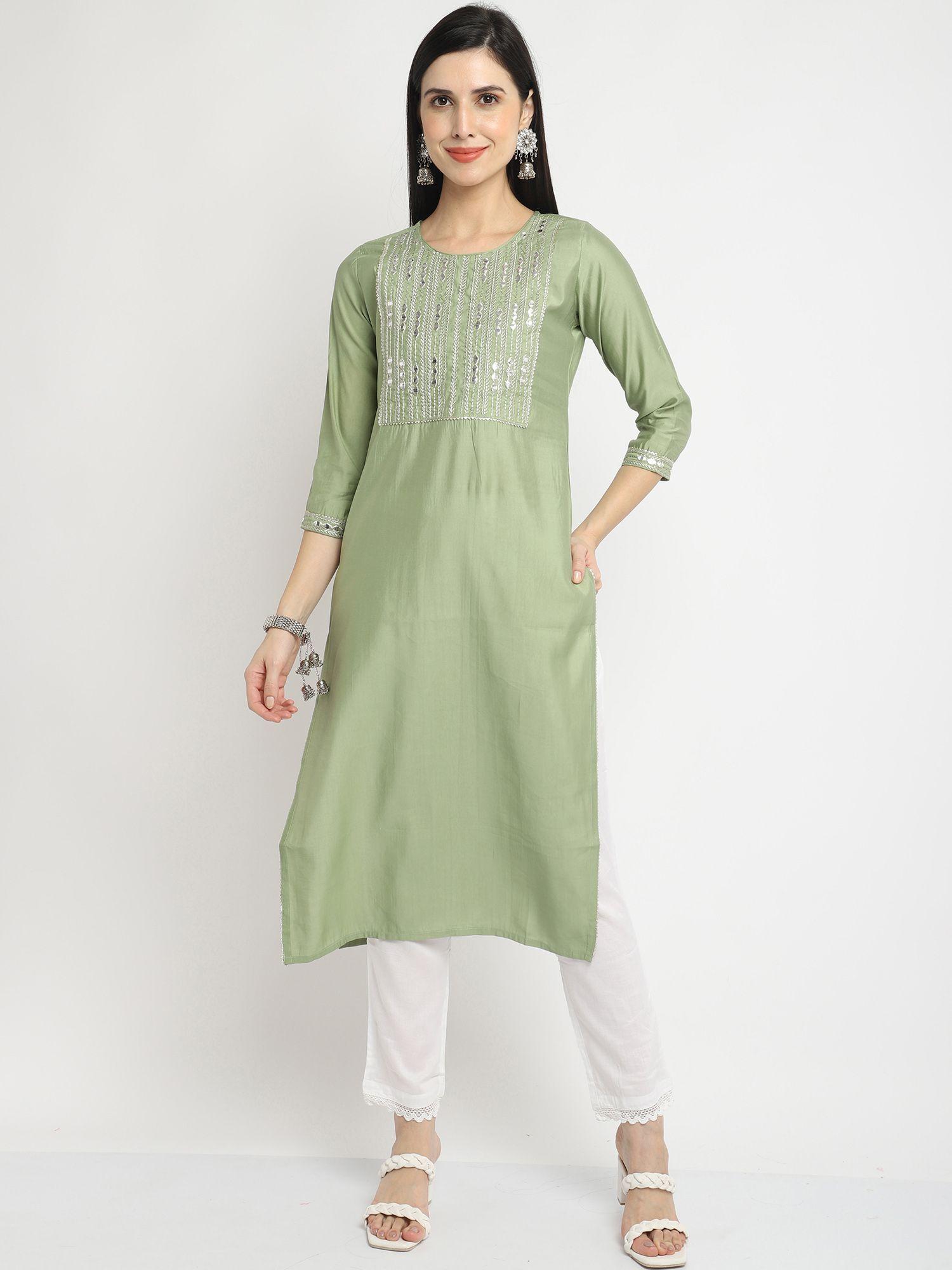 women's pista green cotton jaipuri printed kurti